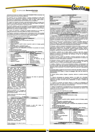lo tiene todo. Barrancabermeja
GOBIERNOD
ISTRITAL)
indicadores del sector para facilitar el seguim iento, e l control y tom a d e decisiones, asi
corno la presentación de los inform es respectivos,
1 0. G estionar ante las entidades públicas y privadas com petentes del orden local,
regional, nacional e internacional, program as y proyectos de desarrollo rural, acceso a
tos sistem as de financiam iento, cofinarvcíación, capital de riesgo, capital sem illa y
garantías pare proyectos productivos en los sectores de su com petencia.
11. P reparar los proyectos de Acuerdo y actos adm inistrativos relativos a la misión de la
S ecretaría, que deban dictaras en ejercicio de las atribuciones legales d e l Distrito y
liderar la ejecución de las decisiones y órdenes del mism o.
12. Articular, fortalecer y prom over la autogestión de las com unidades en fas diferentes
instancias institucionalizadas de participación ciudadana existentes en e l Distrito de
Berrancabemneja. com o ci Consejo de Desarrollo Rural - C M D R y C onsejo de P esca y
Piscicultura y sus diferentes com ités d e trabajo.
13. Apoyar los program as y proyectos d e inversión propuestos por e l C om ité de
Seguridad Alim entaria y Nutnc*onal-CM SA N del Distrito de Barrancaberm eja.
14. Proponer e im plem entar las politices sobre el ordenam iento social y de la propiedad
rural territorial de acuerdo con e l uso de los suelos tendientes a lograr el desarrollo
econorruco y productivo de los productores d el sector rural en el Distrito.
15 Las dem ás que le sean asignadas por su superior.
V . C O N O C IM IE N T O S B Á S IC O S O E S E N C IA L E S
1. C o n stitu ció n p olítica d e C olo m b ia
2. Norm atividad relacionada con las funciones d e su cargo.
3 . Políticas públicas ’
4. Gestión de proyectos
5. Relaciones publicas
6. Sistem a integrado de gestión (calidad, seguridad y salud en e l trabajo, gestión
am biental).
7. Presupuesto público y contratación estatal.
8 . Modelo integrado de planeación y gestión M IP G .
9 . Metodología única para elaboración y form ulación de proyectos de inversión
pública.
10. Plan de Desarrollo Distrital
11. Técnicas para elaboración de informes.
12. M a n e jo d e siste m a s d e h erra m ie n ta s b á sica s c o m o E xcel, W o rd y Q fim á tica.
V I, C O M P E T E N C IA S C O M P O R T A M E N T A L E S ___________
" P O R N IV E L J E R Á R Q U IC O
C O M U N E S
A prendizaje continuo
Orientación a resultados.
Orientación al usuario y al
ciudadano
Com prom iso con la organización
Trabajo en equipo
Transparencia
Adaptación at cam bio
Visión estratégica
Liderazgo efectivo
Planeación
Tom a de decisiones
G estión del desarrollo
personas
Pensam iento sistémico
Resolución de conflictos
conocim iento del entorno
____________V IL R E Q U IS IT O S D E E S T U D IO Y E X P E R I E N C IA
F O R M A C IO N A C A D É M IC A | E X P E R C N C IA
Título profesional en discipfina académica
del núcleo básico del conocimiento:
Agronomía, medicina veterinaria. Zootecnia,
educación, Bacteriología Medicina, salud
pública. Nutrición y Dietética, terapias,
antropología - artes liberales, bibfeotecología
- otros de ciencias sociales y humanas,
ciencia política - relaciones internacionales,
comunicación social* periodismo y afínes,
derecho y afines, filosofía* teología y afínes,
geografía e historia, lenguas m odernas-
literatura-lingüistica y afines, psicología,
sociología- trabajo social y afínes,
administración, oontaduría pública,
econom ía. Ingeniería Agrícola-Forestal y
afines, Ingeniería Agroíndustrial-Alímentos y
afines. Ingeniería agronómíca-peouaria y
afines, ingeniería ambien tai-sanitaria y
afines ingeniería administrativa y afines,
ingeniería industrial y afines. Biología*
Mcrobiologia y afines, Gpofog La-oíros
programas de ciencias naturales.
Título de postgrado en la modalidad de
especkaiteación et> áreas relacionadas con
les funciones del empleo.
Tarjeta profesional en los casos en que por
Ley así se requiera
V einticuatro (24) m eses de e xperiencia
profesional.
ALTE R N A TIVA
FO R M A C IO N A C A D E M IC A
Título profesional en disciplina académica
del núcleo básico del conocimiento:
Agronomía, medicina veterinaria, Zootecnia,
educación. Bacteriología Medicina, salud
pública. Nutrición y Dietética, terapias,
antropología - artes liberales, bibliotecdogía
— otros de ciencias sociales y humanas,
ciencia política - relaciones internacionales,
comunicación sociat- periodismo y afínes,
derecho y afines, filosofía* teología y afínes,
geografía e hlstona, lenguas modernas -
literatura-lingüistica y afínes, psicología,
sociología* trabajo social y afínes,
administración. contaduría pública,
econom ía, Ingeniería Agrícola-Forestal y
afines, Ingeniería Agroindustrial-Alimentos y
afines. Ingeniería agronómica «pecuaria y
afines. Ingeniería ambiental-sanitaria y
afines ingeniaría administrativa y afines,
ingeniería industrial y afines. Biología*
Microbiología y afnes, Geología-otros
programas de ciencias naturales.
Tarjeta profesional en los casos en que por
Ley asi se requiera__________________________
E X P E R IE N C IA
Cuarenta y ocho (4 8 ) m eses de
experiencia profesional.
I. ID E N T IF IC A C IO N D E L E M P L E O
Denom inación del Empleo:
Código_____________________
Grado:
N ú m e ro d e C a rg os:
Dependencia:
C a rg o d e l Je fe Inm ed ia to!
N a tu ra le z a d e l c a rg o
Oirectivo
S e c re ta rio (a ) d e D e spa ch o
020
02
S E C R E T A R IA D É E M P L E O , E M P R E S A
Y E M P R E N D IM IE N T O ____________________
Alcalde Distrital
il A r e a f u n c i o n a l
Libre nom bram iento y Rem oción
D E S P A C H O D E L A LC A LD E
III. P R O P O S IT O P R IN C IP A L
Contribuir al m ejoram lenlo de la calidad de vida de la población Distrito,
sostenibilidad del sector económ ico local, a sí com o potencia tizando,
articulando ios procesos productivos y d e com ercialización, apoyo a la
una cultura em presarial m oderna y basada en nuevas tecnologías,
creación de fuentes de em pleo, la incorporación de tecnologías limpias
el aprovecham iento de las ventajas com petitivas y com parativas, la
form as asociativas de producción rentables y autoqestionarias.__________
" IV . D E S C R IP C IO N P E F U N C IO N E S E S E N C IA L E S
im pulsando la
organizando y
generación de
estim ulando la
de producción,
prom oción de
1 . Diagnosticar y establecer las fortalezas y debilidades, en coordinación con la
Secretarte de Planeación. de la realidad socioeconóm ica y d e m ercado de los sectores
productivos y de com ercialización de bienes y servicios instalados e n el Distrito y de la
factibilidad de inversión, para diseñar los planes y program as sectoriales q u e deba
adoptar la Administración Distrital según e l ám bito d e sus com petencias.
2 . Propiciar el establecim iento y fortalecim iento de actividades industríales, m ineras, d e
m edio am biente, trasportes, telecom unicaciones, ciencia e innovación tecnológica,
creando los espacios y condiciones necesarias para la inversión nacional y/o extranjera
que perm ita al m ejoram iento d e las condiciones d e vida d e la población.
3 . Prom over, incentivar y fortalecer (a generación d e fuentes de e m p le o productivo y de
m ejoram iento socioeconóm ico de la población, acogiendo los enfoques de género,
generacionales, étnicos y d e vulnerabilidad, m ediante procesos de apoyo, asesoría,
capacitación y organización com unitaria y solidaria, tendiente a fortalecerlas para la
autogestión, autonom ía y búsqueda del desarrollo sostenible.
4 . Prom over y gestionar con e l sector público y privado a nivel local, regional,
departam ental, nacional e internacional la consecución d e fondos, bienes, capacitación,
asesoría y transferencia de tecnología que contribuya a l logro d e los objetivos
encom endados a la Secretaria.
5 . R ealizar estudios y análisis de m ercados y proponer estrategias d e acción y las
alternativas que contribuyan a generar espacios de oom erciaflzadón d e productos e n
relaciones de equidad entre productor y consum idor
6 . Oesarrollar, prom over, coordinar y gestionar con e l sector financiero público, privado
y asociativo, la conform ación de capiteles técnicos para la inversión, de líneas de
crédito de fom ento, en especial para fas p e q u era s y m edianas em presas.
7 . D iseñar y fom entar, en asocio con la Secretaria d e Interior, e l fortalecim iento de
com unidades organizadas para desarrollar program as de producción asociativa o de
econom ía solidaría, com o estrategia para generar bienestar a $a com unidad y ofrecer
alternativas frente inform alidad y a las ofertas ilegales que deterioran la seguridad del
Distrito.
6. Im prentar plan es y program as que prom uevan e l desarrollo d el em pleo, em presa y e l
em p re n d im ie n to e n el D istrito, a ira vé s d e e stra te g ia s ta le s c o m o los ce n tro s de
em p re n d im ie n to .
9 . G e n e ra r p o lítica s p ú b lica s, d irig id a s a p e q ue ñ as, m e d ia n a s y g ra n d e s e m p re sa s
locales.
10- E la bo ra r té cn ica m e n te lo s p ro ye cto s re la tivo s a la m is ió n de la S ecreta rla ,
In scrib irlo s en el B a n co de P ro yecto s D istrital, y en c o o rd in a ció n con la S e cre ta ría de
P la n e a ció n d e l D istrito in scrib irlos a n te el D e pa rta m e nto , ta N a ció n y U n id a d e s de
C o fin a n cia ció n .
11. P re p a ra r los p ro yecto s d e A cu e rd o re la tivos a la m is ió n d e la S e cre ta ría , los
p ro ye cto s de D e cre to q ue d eb an d icta rse e n e je rcicio d e las a trib u cio n e s d e l A lc a ld e y
lid e ra r la e jecu ció n de las d e cisio n e s y ó rd e n e s d el m ism o.
12. B rin d a r a co m p a ñ a m ie n to a las d e p e n d e n cia s d e la A d m in istra ció n en la fo rm u la ció n
y e jecu ció n de ru ta s d e e m p re n d im ie n to q ue d e b a n d e sa rro lla rse p ara a te n d e r a tos
d istin to s se cto re s p o b ta ckxia le s.
13. L a s d em ás q u e le sean a sig n a d a s p o r su supe rio r.
V . C O N O C IM IE N T O S B A S IC O S O E S E N C IA L E S
1. C o n stitu ció n p o lítica de C o lo m b ia
2. N o rm a trvid a d re la cio n a d a co n la s fu n cio n e s d e su ca rg o .
3 . P o lítica s p úb lica s
4. G e stió n d e p ro ye cto s
5. R e la cio n e s p u b lica s
6. S iste m a in te g ra d o de g e s tió n (ca lid a d , se g u rid a d y sa lu d en e l tra ba jo , g estió n
a m b ien tal),
7. P re su p u e sto p ú b lico y co n tra ta ció n e sta tal,
8 . M o d e lo in teg ra do d e p la n e a ció n y g e stió n M IPG .
9 . M e to d o lo g ía ú nica p ara e la b o ra ció n y fo rm u la ció n d a p ro y e c to s da Inve rsión
púb lica .
1 0. P la n d e D e sa rro llo D istrital
1 1. T é cn ica s para e la b o ra ció n d e in form es.
1 2. M a n e jo de siste m a s de h e rra m ie n ta s b á sica s co rn o E xcel. W o rd y Q fim á tica.
V L C O M P E T E N C IA S C O M P O R T A M E NT A L E S
C O M U N E S
A p re n d iz a je co n tin u o
O rie n ta ció n a re su ltad os.
O rie n ta ció n al u sua rio y al
ciu d a d a n o
C o m p ro m iso co r la o rg an iza ción
T ra b a jo en e q u ip o
T ra n sp a re n cia
A d a p ta ció n a l ca m b io
P O R N IV E L J E R A R Q U IC O "
V isió n e stra té g ica
L id e ra zg o e fe ctivo
P la ne ación
T o m a d e d e cisio n e s
G e stió n d e l d e sa rro llo de la s
p
e
rso
g
a
s
P e n sa m ie n to sisté m ico
R e solució n de o o n fltclo s
co n o c im ie n to d e l e n to rn o
____________ V IL R E Q U IS IT O S D E E S T U D IO Y E X P E R IE N C IA
F O R M A C IÓ N A C A D É M IC A r— E X P E R IE N C IA
 