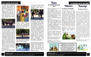 4 9
Sabías que? Vestir con colores brillantes te hace tener más amigos. Los colores de tu ropa son
responsables del 90% de la primera impresión.
Sabías que? El color amarillo o anaranjado causan hambre. Por eso los restaurantes tienen las
paredes pintadas de ese color. Se les conoce como colores que estimulan el apetito.
El mercader de sal y el
asno
Llevó un mercader a su asno a la
costa para comprar sal.
En el camino de regreso a su
pueblo pasaban por un río, en el
cual, en un hueco, su asno resbaló
mojando su carga. Cuando se
levantó sintió aliviado su peso
considerablemente, pues bastante
de la sal se había diluido.
Retornó el mercader de nuevo a la
costa y cargó más sal que la vez
anterior.
Cuando llegaron otra vez al río, el
asno se tiró de propósito en el
mismo hoyo en que había caído
antes, y levantándose de nuevo
con mucho menos peso, se
enorgullecía triunfantemente de
haber obtenido lo que buscó.
Notó el comerciante el truco del
asno, y por tercera vez regreso a
la costa, donde esta vez compró
una carga de esponjas en vez de
sal.
Y el asno, tratando de jugar de
nuevo a lo mismo, se tiro en el
hueco del río, pero esta vez las
esponjas se llenaron de agua y
aumentaron terriblemente su
peso.
Y así el truco le rebotó al asno,
teniendo que cargar ahora en su
espalda más del doble de peso.
Moraleja: Tratar de evitar el
deber haciendo trucos, sólo nos
dañara a nosotros mismos.
La cigarra y la hormiga
Al llegar el invierno, la cigarra que
se había pasado el verano
cantando y retozando, sintió
mucha hambre. Se acercó entonces
a donde su vecina la hormiga para
pedirle algo de comer. "Te pagaré
con intereses", le advirtió. Pero la
hormiga, que había trabajado
laboriosamente durante toda la
estación de calor para juntar su
alimento, le preguntó: "¿Qué
hiciste durante el verano mientras
yo trabajaba". La cigarra le contó
que había ocupado su tiempo en
cantar y disfrutar del sol. "Así que
estuviste cantando, comentó la
hormiga, pues ahora: ¡a bailar!".
Moraleja: No dediques todo tu
tiempo al placer; trabaja y
prepárate para tiempos de
escasez.
El Lobo y el Perro
Una vez, un flaco y hambriento
Lobo se encontró en el camino con
un Perro gordo y muy bien
cuidado. El Lobo curioso, preguntó
al Perro: "Dime amigo Perro, ¿a
qué se debe, que siendo yo más
fuerte que tú, no encuentre qué
comer?" El Perro contestó: "Pues
se debe a los cuidados de mi amo.
El me da pan y los huesos que le
sobran; además, no tengo otra
obligación mas que vigilar su casa.
Si gustas puedes gozar de lo mío
cumpliendo las mismas
obligaciones." El Lobo respondió:
"De acuerdo, creo que es mejor
vivir así a que vagar por el campo
en busca de sustento. Pero dime
algo, ¿qué es eso que tienes en el
cuello?" El Perro contestó: "Esto es
el collar de la cadena con que me
atan a la perrera durante el día.
En cambio de noche soy libre de
ataduras, y corro por donde
quiero." El Lobo pensando, dijo al
Perro: "Pues si no eres libre, goza
de tus bienes que yo no los quiero,
ni quiero que sacrificar mi
libertad."
Moraleja: Más vale la libertad, a
la más regalada esclavitud.
EL RINCÓN DE LA LECTURA
Las FÁBULAS son un relato breve
protagonizado por animales, escrito
en verso o en prosa, con una
intención didáctica de carácter ética
expresada en la MORALEJA o de
manera implícita en el texto.
EN EL PATIO DE LA URSS
El pasado 15 de septiembre
tuvimos en nuestra escuela la
ceremonia conmemorativa del
204 aniversario del inicio de la
Guerra de Independencia de
México, evento que se vio
engalanado con la presencia de
la Asociación de Charros de la
Villa, cuya escolta nos hizo el
honor de participar en el acto
cívico, portando nuestro lábaro
patrio.
Como un hecho sin precedentes
en nuestro plantel, en esta
ocasión, atendiendo a la equidad
de género que debe existir en
todos los ámbitos de nuestra
sociedad, el tradicional grito de
independencia corrió a cargo de
la profesora Berenice Romero
Ávila, quien con potente voz y al
grito de ¡Viva México! ondeo la
Bandera Nacional recordando el
llamado a la lucha que hace 204
años hiciera el cura Miguel
Hidalgo y Costilla, junto con
aquellos héroes y heroínas que
con su sacrificio nos dieron
patria y libertad.
Esperamos que esta no sea la
única vez que este honor sea
conferido a una mujer.
Como ya es la tradición en
nuestra escuela pudimos
disfrutar de la espectacular
muestra de floreo de reata por
parte de la Asociación de
Charros de la Villa.
Así como de uno de los bailables
más representativos de nuestro
México: El Jarabe Tapatío.
Y no podía la exhibición de pelea
de gallos a cargo de los
profesores Sergio Téllez y
Rafael Garibay.
Por otra parte la Comisión de
Radiodifusión tuvo a bien invitar
a la psicóloga Johana Lizbeth
Cortés Mendoza, egresada de la
FES Iztacala, para que en la
emisión del día 1º de octubre
nos hablara acerca del Bullying,
explicando lo importante que es
conocer las características de
esta forma de violencia, ya que
es muy común que en la escuela
a todo tipo de maltrato le
llamamos bullying y no es así.
Agradecemos a la Comisión y
nuestros locutores que siempre
estén trabajando para
mantenernos informados en
estos temas tan importantes.
La profesora Maribel Rodríguez
Rosales continua haciéndonos la
invitación para participar en la
campaña de reciclaje de
botellas de PET, que se está
llevando a cabo desde el día 7 y
hasta el 24 de octubre.
Esperamos contigo.
 