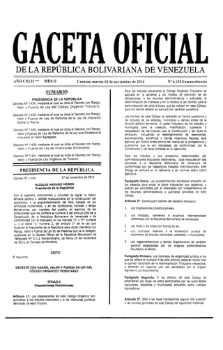 Gaceta Oficial Decreto con Rango, Valor y Fuerza de Ley del Código Orgánico Tributario y Leyes de Reforma del ISLR e IVA (2014)