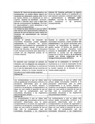 de Ingreso distinta a lo establecido en este
Capitulo. Quienes se beneficien, participen,
autoricen o efectúen algún pago o algún otro
tipo de contraprestación al respecto, incurrirán
en responsabilidad y serán acreedores a las
sanciones correspondientes.
Artículo 25. Quienes participen en alguna
forma de Ingreso distinta a lo establecido en
este Capítulo, autoricen, o efectúen algún pago
0 contraprestación u obtengan algún
beneficio, incurrirán en responsabilidad y
serán acreedores a las sanciones
correspondientes.
humanos.
Se elimina
Artículo 27. ..
Durante el periodo de inducción las
Autoridades Educativas Locales realizarán
evaluaciones—y brindarán los apoyos
pertinentes para fortalecer las capacidades de
liderazgo y gestión escolar. Al término del
periodo de inducción, la Autoridad Educativa
Local evaluará ai personal para determinar si
cumple con las exigencias propias de la
Función directiva.
Durante el periodo de inducción las
Autoridades Educativas Locales brindarán las
orientaciones y los apoyos pertinentes para
fortalecer las capacidades de liderazgo y
gestión escolar. Al término del periodo de
inducción, la Autoridad Educativa Local
evaluará el desempeño del personal para
determinar si cumple con las exigencias
propias de la función directiva. Si el personal
cumple con dichas exigencias, se le
otorgará Nombramiento Definitivo.
cuando en ésta se identifique la insuficiencia
en el nivel de desempeño de las funciones de
dirección, volverá a su función docente en la
Escuela en que hubiere estado asignado.
Cuando en la evaluación se identifique la
insuficiencia en el nivel de desempeño de las
funciones de dirección, el personal volverá a
su función docente en la Escuela en que
hubiere estado asignado.
Artículo 28....
Los nombramientos a que se refiere este
artículo podrán ser remunerados conforme a la
percepción determinada para la plaza
correspondiente a la función directiva o
conforme a la percepción correspondiente a la
plaza con que cuenta el personal de que se
trate más la compensación que las
Autoridades Educativas o los Organismos
Descentralizados señalen.
Los nombramientos a que se refiere este
artículo serán remunerados conforme a la
percepción determinada para la plaza
correspondiente a la función directiva o
conforme a la percepción correspondiente a la
plaza con que cuenta el personal de que se
trate más la compensación que las
Autoridades Educativas o los Organismos
Descentralizados señalen.
Artículo 30....
Los nombramientos a que se refiere este
artículo podrán ser remunerados conforme a la
percepción determinada para la plaza
correspondiente a la función de supervisión o
conforme a la percepción correspondiente a la
plaza con que cuenta el personal de que se
trate más la compensación que las
Autoridades Educativas o los Organismos
Los nombramientos a que se refiere este
artículo serán remunerados conforme a la
percepción determinada para la plaza
correspondiente a la función de supervisión o
conforme a la percepción correspondiente a la
plaza con que cuenta el personal de que se
trate más la compensación que las
Autoridades Educativas o los Organismos
 
