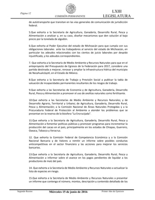 Página 12
COMISIÓN PERMANENTE
LXIII
LEGISLATURA
Segundo Receso Miércoles 15 de junio de 2016 Primer Año de Ejercicio
de autotransporte que transitan en las vías generales de comunicación de jurisdicción
federal.
5.Que exhorta a la Secretaría de Agricultura, Ganadería, Desarrollo Rural, Pesca y
Alimentación a analizar y, en su caso, diseñar mecanismos que den solución al bajo
precio por la tonelada de algodón.
6.Que exhorta al Poder Ejecutivo del estado de Michoacán para que cumpla con sus
obligaciones laborales ante los trabajadores al servicio del estado de Michoacán, en
particular los adeudos relacionados con los cientos de juicio laborales por despido
injustificado, y los adeudos correspondientes.
7. Que exhorta a la Secretaría de Medio Ambiente y Recursos Naturales para que en el
anteproyecto del Presupuesto de Egresos de la Federación para 2017, considere una
partida destinada a mejorar, renovar y ampliar la infraestructura hídrica del municipio
de Nezahualcóyotl, en el Estado de México.
8.Que exhorta a la Secretaría de Trabajo y Previsión Social a publicar la tabla de
valuación de incapacidades permanentes resultantes de los riesgos de trabajo.
9.Que exhorta a las Secretarías de Economía y de Agricultura, Ganadería, Desarrollo
Rural, Pesca y Alimentación a promover el uso de zeolitas naturales como fertilizante.
10.Que exhorta a las Secretarías de Medio Ambiente y Recursos Naturales; y de
Desarrollo Agrario, Territorial y Urbano; de Agricultura, Ganadería, Desarrollo Rural,
Pesca y Alimentación; a la Comisión Nacional de Áreas Naturales Protegidas y a la
Procuraduría Federal de Protección al Ambiente a atender los problemas que se
presentan en la reserva de la biosfera "La Encrucijada".
11.Que exhorta a la Secretaría de Agricultura, Ganadería, Desarrollo Rural, Pesca y
Alimentación a fomentar políticas públicas y promover programas para incrementar la
producción del cacao en el país, principalmente en los estados de Chiapas, Guerrero,
Oaxaca, Tabasco y Veracruz.
12. Que exhorta la Comisión Federal de Competencia Económica y a la Comisión
Nacional Bancaria y de Valores a remitir un informe sobre posibles conductas
anticompetitivas en el sector financiero y las acciones para mejorar los servicios
bancarios.
13.Que exhorta a la Secretaría de Agricultura, Ganadería, Desarrollo Rural, Pesca y
Alimentación a informar sobre el avance en los pagos pendientes de liquidar a los
productores de maíz del país.
14. Que exhorta a la Secretaría de Medio Ambiente y Recursos Naturales a actualizar la
lista de especies en riesgo.
15.Que exhorta a la Secretaría de Medio Ambiente y Recursos Naturales a presentar
un informe que contenga el número, montos, descripción y contenido detallado de los
 