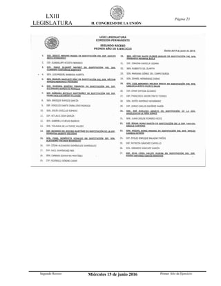 LXIII
LEGISLATURA H. CONGRESO DE LA UNIÓN
Página 23
Segundo Receso Miércoles 15 de junio 2016 Primer Año de Ejercicio
 