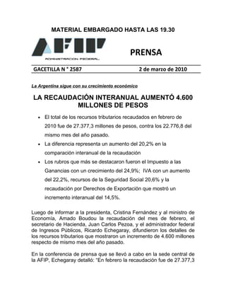 MATERIAL EMBARGADO HASTA LAS 19.30


                                            PRENSA
GACETILLA N ° 2587                                2 de marzo de 2010

La Argentina sigue con su crecimiento económico

LA RECAUDACIÓN INTERANUAL AUMENTÓ 4.600
          MILLONES DE PESOS
  •   El total de los recursos tributarios recaudados en febrero de
      2010 fue de 27.377,3 millones de pesos, contra los 22.776,8 del
      mismo mes del año pasado.
  •   La diferencia representa un aumento del 20,2% en la
      comparación interanual de la recaudación
  •   Los rubros que más se destacaron fueron el Impuesto a las
      Ganancias con un crecimiento del 24,9%; IVA con un aumento
      del 22,2%, recursos de la Seguridad Social 20,6% y la
      recaudación por Derechos de Exportación que mostró un
      incremento interanual del 14,5%.

Luego de informar a la presidenta, Cristina Fernández y al ministro de
Economía, Amado Boudou la recaudación del mes de febrero, el
secretario de Hacienda, Juan Carlos Pezoa, y el administrador federal
de Ingresos Públicos, Ricardo Echegaray, difundieron los detalles de
los recursos tributarios que mostraron un incremento de 4.600 millones
respecto de mismo mes del año pasado.

En la conferencia de prensa que se llevó a cabo en la sede central de
la AFIP, Echegaray detalló: “En febrero la recaudación fue de 27.377,3
 