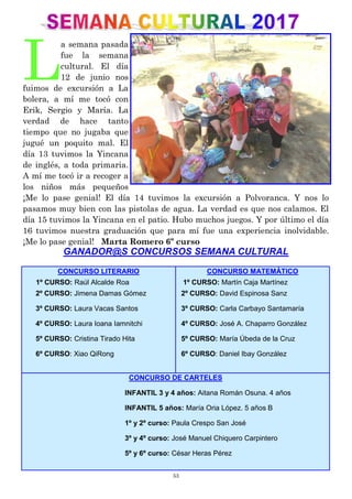 53
L
a semana pasada
fue la semana
cultural. El día
12 de junio nos
fuimos de excursión a La
bolera, a mí me tocó con
Erik, Sergio y María. La
verdad de hace tanto
tiempo que no jugaba que
jugué un poquito mal. El
día 13 tuvimos la Yincana
de inglés, a toda primaria.
A mí me tocó ir a recoger a
los niños más pequeños
¡Me lo pase genial! El día 14 tuvimos la excursión a Polvoranca. Y nos lo
pasamos muy bien con las pistolas de agua. La verdad es que nos calamos. El
día 15 tuvimos la Yincana en el patio. Hubo muchos juegos. Y por último el día
16 tuvimos nuestra graduación que para mí fue una experiencia inolvidable.
¡Me lo pase genial! Marta Romero 6º curso
GANADOR@S CONCURSOS SEMANA CULTURAL
CONCURSO LITERARIO
1º CURSO: Raúl Alcalde Roa
2º CURSO: Jimena Damas Gómez
3º CURSO: Laura Vacas Santos
4º CURSO: Laura Ioana Iamnitchi
5º CURSO: Cristina Tirado Hita
6º CURSO: Xiao QiRong
CONCURSO MATEMÁTICO
1º CURSO: Martín Caja Martínez
2º CURSO: David Espinosa Sanz
3º CURSO: Carla Carbayo Santamaría
4º CURSO: José A. Chaparro González
5º CURSO: María Úbeda de la Cruz
6º CURSO: Daniel Ibay González
CONCURSO DE CARTELES
INFANTIL 3 y 4 años: Aitana Román Osuna. 4 años
INFANTIL 5 años: María Oria López. 5 años B
1º y 2º curso: Paula Crespo San José
3º y 4º curso: José Manuel Chiquero Carpintero
5º y 6º curso: César Heras Pérez
 