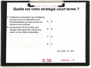 Quelle est votre stratégie court terme ?
A. Traitement compressif à but antalgique,
pouvant avoir une efficacité sur la
thrombophlébite qui peut survenir au
décours de la sclérose
B. Compression 20-30 mmHg, seul
dosage ayant peut-être montré une
action sur les effets indésirables
C. Compression 15-20 mmHg (classe II),
ayant montré un bénéfice sur les suites
de la sclérose
D. Aucune compression, les études ne
montrent aucun bénéfice de la
compression chez les patients
0:30 On voté : 0
0
0
0
0
A
B
C
D
A B C D
Votants
 