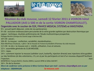 Réunion du club mousse, samedi 12 février 2011 à VOIRON hôtel PALLADIOR (A43 à 500 m de la sortie VOIRON CHAMFEUILLET).  Organisée avec le soutien de GSK, FRANCE MEDICAL SYSTEMS et INNOTHERA. 9 h : accueil (petit déjeuner, visite de nos partenaires); 9 h 30 : occlusion endovasculaire percutanée de la veine grande saphène par destruction thermique par vapeur : technique, résultats préliminaires de l’étude multicentrique prospective.  Philippe Nicolini (clinique du Grand Large à Décines 69). 10 h 30 : pause ; 10h 45 : la mousse : confection, variabilité, standardisation…  Alain Monfreux (Toulouse, « père » de la mousse en France et président d’honneur du club mousse). 11 h 30 : le site « la mousse-com »  intérêt, utilisation, trucs et astuces. 12 h : assemblée générale du CLUB MOUSSE. 13 h : repas. 14 h : comment injecter la mousse (cathéter court, butterfly, injection directe) avec injections écho-guidées sur des fantômes (et des volontaires, s’il y en a) par les participants et test d’un nouveau dispositif facilitant l’injection.  Alain MONFREUX, François BUCCI, Charles ZARCA, Laurent SPINI et Gilles GACHET. 16 h : fin de la réunion. Merci de confirmer votre présence à Mme Corinne Boyer par mail :  [email_address]  ou par téléphone : 0684994189.  la-mousse.com 