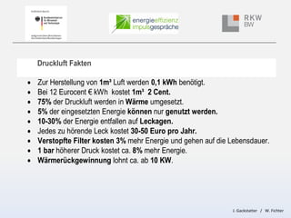Druckluft Fakten
•
•
•
•
•
•
•
•
•

Zur Herstellung von 1m³ Luft werden 0,1 kWh benötigt.
Bei 12 Eurocent € kWh kostet 1m³...