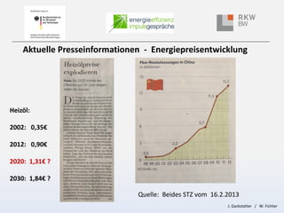 Aktuelle Presseinformationen - Energiepreisentwicklung

Heizöl:
2002: 0,35€
2012: 0,90€
2020: 1,31€ ?
2030: 1,84€ ?
Quelle...