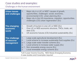 Case studies and examples:
Challenges in the human environment
Urban issues
and challenges
1. Major city in a LIC or NEE*-causes of growth,
opportunities, challenges: social, economic,
environmental (CS) urban planning (Ex)
2. Major city in the UK-importance, migration, opportunities,
challenges (CS) urban regeneration (Ex)
The changing
economic
world
1. Growth of tourism in one LIC or NEE (Ex)
2. One LIC or NEE-economic structure, TNCs, trade, aid,
debt (CS)
3. UK economic futures (CS) Industrial sustainability (Ex)
The challenge
of resource
management
1. Large scale agricultural development (Ex)
2. Local scheme to increase sustainable food supplies (Ex)
or 1. Large scale water transfer scheme (Ex)
2. Local scheme to increase water supply (Ex)
or 1. Non renewable energy source (Ex)
2. Local renewable energy scheme (Ex)
*LIC=Lower Income Country, NEE-Newly Emerging Economy
3 case studies and 6 examples required
Copyright © AQA and its licensors. All rights reserved.
 
