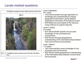 Level 3 (Detailed)
5-6 marks
• AO3 Demonstrates thorough application of
knowledge and understanding to analyse
geographical information, giving detailed
explanation of formation of the features shown
• AO3 Makes full use analysis of the resource,
using evidence to support response.
Level 2 (Clear)
3-4 marks
• AO1 Demonstrates specific and accurate
knowledge of river processes and
environments.
• AO2 Shows thorough geographical
understanding of the interrelationships between
river environments and processes.
Level 1 (Basic)
1–2 marks
• AO1 Demonstrates some knowledge of river
processes and environments.
• AO2 Shows limited geographical understanding
of the interrelationships between environments
and processes.
Levels marked questions
Copyright © AQA and its licensors. All rights reserved.
 