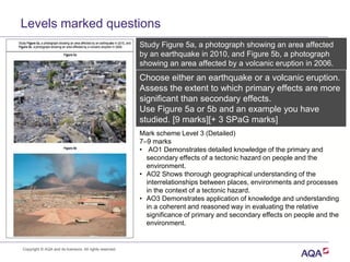 Study Figure 5a, a photograph showing an area affected
by an earthquake in 2010, and Figure 5b, a photograph
showing an area affected by a volcanic eruption in 2006.
Choose either an earthquake or a volcanic eruption.
Assess the extent to which primary effects are more
significant than secondary effects.
Use Figure 5a or 5b and an example you have
studied. [9 marks][+ 3 SPaG marks]
Mark scheme Level 3 (Detailed)
7–9 marks
• AO1 Demonstrates detailed knowledge of the primary and
secondary effects of a tectonic hazard on people and the
environment.
• AO2 Shows thorough geographical understanding of the
interrelationships between places, environments and processes
in the context of a tectonic hazard.
• AO3 Demonstrates application of knowledge and understanding
in a coherent and reasoned way in evaluating the relative
significance of primary and secondary effects on people and the
environment.
Levels marked questions
Copyright © AQA and its licensors. All rights reserved.
 