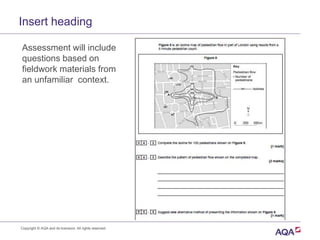 Assessment will include
questions based on
fieldwork materials from
an unfamiliar context.
Insert heading
Copyright © AQA and its licensors. All rights reserved.
 