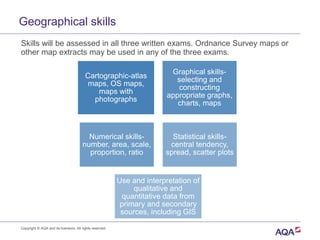 Geographical skills
Skills will be assessed in all three written exams. Ordnance Survey maps or
other map extracts may be used in any of the three exams.
Cartographic-atlas
maps, OS maps,
maps with
photographs
Graphical skills-
selecting and
constructing
appropriate graphs,
charts, maps
Numerical skills-
number, area, scale,
proportion, ratio
Statistical skills-
central tendency,
spread, scatter plots
Use and interpretation of
qualitative and
quantitative data from
primary and secondary
sources, including GIS
Copyright © AQA and its licensors. All rights reserved.
 
