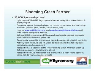 Blooming Green Partner
                  g
$5,000 Sponsorship Level
◦ right to use KVB & GAC logo, sponsor banner recognition, eNewsletters &
  event program
◦ Corporate logo or listing displayed on certain promotional and marketing
  materials (various print, online, social media, etc)
◦ Logo on www.askHRgreen.org and www.keepvirginiabeautiful.org with
  links
  li k to your company’s website
                         ’     b i
◦ KVB and HR Green generated PR outreach and media support; corporate
  media releases and event press kits
◦ Opportunity to p
    pp        y    provide p
                           promotional items & coupons at selected event site
                                                     p
◦ Actively work with KVB and HR Green to develop activities for employee
  participation and engagement
◦ Recognition as a sponsor at the Friday evening Great American Clean up
  Celebration event; 4 invitations to attend
◦ Recognition on KVB website for this event and as a year-round sponsor,
  with a link to your company’s website
 