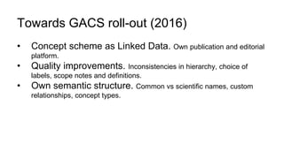 Towards GACS roll-out (2016)
• Concept scheme as Linked Data. Own publication and editorial
platform.
• Quality improvemen...
