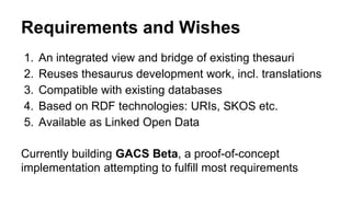 Requirements and Wishes
1. An integrated view and bridge of existing thesauri
2. Reuses thesaurus development work, incl. translations
3. Compatible with existing databases
4. Based on RDF technologies: URIs, SKOS etc.
5. Available as Linked Open Data
Currently building GACS Beta, a proof-of-concept
implementation attempting to fulfill most requirements
 
