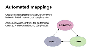 Automated mappings
Created using AgreementMakerLight software
between the full thesauri, for completeness
AgreementMakerLight was top performer at
OAEI 2014 ontology mapping competition!
 