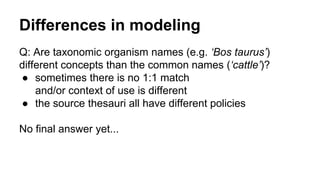 Differences in modeling
Q: Are taxonomic organism names (e.g. ‘Bos taurus’)
different concepts than the common names (‘cattle’)?
● sometimes there is no 1:1 match
and/or context of use is different
● the source thesauri all have different policies
No final answer yet...
 