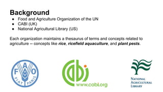 Background
● Food and Agriculture Organization of the UN
● CABI (UK)
● National Agricultural Library (US)
Each organization maintains a thesaurus of terms and concepts related to
agriculture -- concepts like rice, ricefield aquaculture, and plant pests.
 