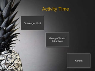 Activity Time
Scavenger Hunt
Kahoot
Georgia Tourist
Attractions
 