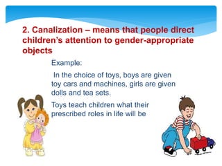 Example:
In the choice of toys, boys are given
toy cars and machines, girls are given
dolls and tea sets.
Toys teach children what their
prescribed roles in life will be
2. Canalization – means that people direct
children’s attention to gender-appropriate
objects
 