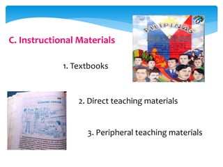 3. Peripheral teaching materials
C. Instructional Materials
1. Textbooks
2. Direct teaching materials
 