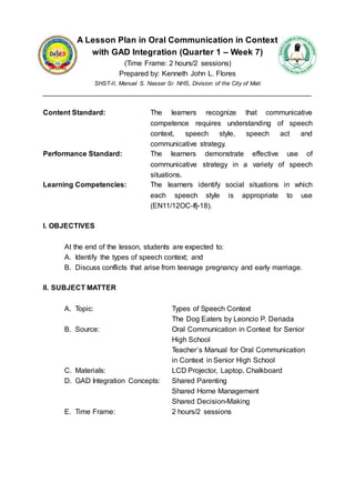 A Lesson Plan in Oral Communication in Context
with GAD Integration (Quarter 1 – Week 7)
(Time Frame: 2 hours/2 sessions)
Prepared by: Kenneth John L. Flores
SHST-II, Manuel S. Nasser Sr. NHS, Division of the City of Mati
___________________________________________________________________
Content Standard: The learners recognize that communicative
competence requires understanding of speech
context, speech style, speech act and
communicative strategy.
Performance Standard: The learners demonstrate effective use of
communicative strategy in a variety of speech
situations.
Learning Competencies: The learners identify social situations in which
each speech style is appropriate to use
(EN11/12OC-Ifj-18).
I. OBJECTIVES
At the end of the lesson, students are expected to:
A. Identify the types of speech context; and
B. Discuss conflicts that arise from teenage pregnancy and early marriage.
II. SUBJECT MATTER
A. Topic: Types of Speech Context
The Dog Eaters by Leoncio P. Deriada
B. Source: Oral Communication in Context for Senior
High School
Teacher’s Manual for Oral Communication
in Context in Senior High School
C. Materials: LCD Projector, Laptop, Chalkboard
D. GAD Integration Concepts: Shared Parenting
Shared Home Management
Shared Decision-Making
E. Time Frame: 2 hours/2 sessions
 