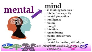 mental • as thinking faculties
• intellectual capacity
• mental perception
• intelligence
• reason
• thought
• intention
• remembrance
• mental state or view
• opinion
• mental inclination, attitude, or
powers
 