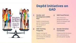 DepEd Initiatives on
GAD
1 Gender and
Development (GAD)
Plan
DepEd's comprehensive
plan for integrating GAD
into all aspects of
education.
2 GAD Focal Person
Each school has a
designated GAD Focal
Person to champion GAD
implementation.
3 GAD Training
Programs
Regular trainings for
teachers on GAD principles
and strategies for effective
implementation.
4 Gender-Sensitive
Curriculum
Integrating GAD into lesson
plans and textbooks to
promote gender equality.
 