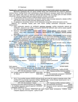 Кт: Харилцах 172590000₮
Гадаад дахь салбар ба охин компанийн санхүүгийн тайланг бүртгэлийн валют руу хөрвүүлэх:
Монголын компаниуд өөр улс оронд салбар болон охин компанитай бол үндэстэн дамнасан
компани болно. Салбар болон охин компаниудын оршин байгаа улс орнуудын эдийн засаг, боловсрол,
хууль, улс төрийн соёл зэрэг нь харилцан адилгүй өөр өөр байдаг тул гадаад дахь аж ахуй нэгжийн
санхүүгийн тайланг хөрвүүлэхийн тулд дараах зүйлсийг анхаарч, үзэх хэрэгтэй.
1. Уг санхүүгийн тайлан СТОУС-д нийцэж байгаа эсэхэд үнэлгээ өгөх
2. Гадаад валютаар илэрхийлэгдсэн санхүүгийн тайланг ямар ханшаар хөрвүүлэх, өөрөөр хэлбэл
данс бүрийг төгрөг рүү ямар ханшаар хөрвүүлэхийг тогтооно.
3. Уг хөрвүүлсэн санхүүгийн тайланг толгой компанийн санхүүгийн тайлантай хэрхэн нэгтгэх.
НББОУС 21-т зааснаар Гадаад дахь охин болон салбар компанийн санхүүгийн тайланг
хөрвүүлэхдээ
1. Охин компанийн хөрөнгө, өр төлбөрийг хаалтын ханшаар, салбар компанийн хөрөнгө өр
төлбөрийг хөрвүүлэх үед төвөөс шилжүүлсэн мөнгөн бус зүйлсийг ажил гүйлгээ гарсан өдрийн
спот ханш буюу түүхэн ханшаар
2. Орлогын тайлангийн орлого, зардлыг ажил гүйлгээ гарсан өдрийн спот ханшаар, тухайн
тайлант жилд ханш мэдэгдэхүйц хэмжээнд өөрчлөгдөөгүй бол тайлант жилийн дундаж
ханшаар,
3. Охин компанийн энгийн хувьцааг худалдан авалт хийсэн өдрийн спот ханшаар, төлсөн ноогдол
ашгийг төлбөр хийсэн өдрийн спот ханшаар тус тус бүртгэлийн валютад шилжүүлнэ. Салбар
компанийн төв компанийн санхүүжилтыг ажил гүйлгээ гарсан өдрийн спот буюу түүхэн ханшаар
Ийнхүү охин компанийн санхүүгийн тайлангийн данс бүрийг өөр өөр ханшаар бүртгэлийн валют
руу хөрвүүлснээс үүссэн ханшийн зөрүүг эзний өмчийн тайланд тусгана.
Харин салбар компанийн санхүүгийн тайланг хөрвүүлэх үед үүссэн ханшийн зөрүүг тайлант
хугацааны ашиг алдагдалаар хүлээн зөвшөөрч орлогын тайланд тусгана.
Жишээ нь: АПУ ХК нь 2014-1-1-нд ОХУ-ын Буриад улсад өөрийн салбарыг АПУ-Буриад нэртэйгээр
нээсэн. Энд төв компани эргэлтийн бус хөрөнгийг бүртгэдэг.
Санхүүгийн байдлын тайлан
АПУ ХК
2014-1-1 / төгрөг/
Хөрөнгө:
Мөнгө 28,835,248,000
Бараа материал 46,441,115,000
Бусад эргэлтийн хөрөнгө 22820154000
Үндсэн хөрөнгө 163225584000
Бусад эргэлтийн бус хөрөнгө 5743037000
Өртөлбөр ба эзний өмч
Богино хугацаат өр төлбөр 57678294000
Урт хугацаат өр төлбөр 124460868000
Энгийн хувьцаа 74287700
Халаасны хувьцаа (120700)
Хөрөнгийн дахин үнэлгээний 14349191200
нэмэгдэл
Хуримтлагдсан ашиг 70502617800
Нийт хөрөнгө 267065138000 Нийт өр Эзнийиөмч 267065138000
Төв болон салбар компанийн хооронд 1-р сард дараах ажил гүйлгээ гарсан.
1. 2014.1.1-нд 829512000 ₮ -ийг салбар руу рубль рүү хөрвүүлэн шилжүүлсэн. 1 рубль=50,58₮
АПУ ХК (төв компани) / төгрөг/ АПУ –Буриад (салбар компани) /рубль/
Дт: Салбарт оруулсан хөрөнгө оруулалт 829512000
Кт: Мөнгө 829512000
Дт: Мөнгө 16400000
Кт: Төв компанийн санхүүжилт 16400000*
*16400000=829512000/50,58
2. 2014.1.5-нд салбар компани 400000 рублиэр бусад эргэлтийн бус хөрөнгө худалдан авсан. Мөн
салбар 2014 оны жилийн түрээсийн төлбөрт 7920000 рубль төлсөн бөгөөд түрээслүүлэгч тал 1-
р сарын түрээсийн төлбөрөөс чөлөөлсөн. 1 рубль=51,14₮
АПУ ХК (төв компани) / төгрөг/ АПУ –Буриад (салбар компани) /рубль/
Дт:Бусад эргэлтийн хөрөнгө-Буриад сал 20456000
Кт: Салбарт оруулсан хөрөнгө оруулалт 20456000*
20456000*=400000*51,14
Дт: Төв компанийн санхүүжилт 400000
Дт: Урьдчилж төлсөн түрээсийн зардал7920000
Кт: Мөнгө 8320000
3. 2014.1.10-нд төв компани 799947400₮ -ийн өртөг бүхий бараа материалыг 1036000 төгрөг
тээврийн зардалд төлж ачуулав. 1 рубль=51,80₮
 
