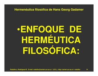 Hermenéutica filosófica de Hans Georg Gadamer




          •ENFOQUE DE
           HERMÉUTICA
           FILOSÓFICA:
Rodolfo-J. Rodríguez-R. E-mail: rodolfor@cariari.ucr.ac.cr / U.R.L.: http://cariari.ucr.ac.cr/~rodolfor   14
 
