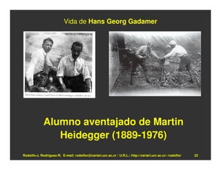 Vida de Hans Georg Gadamer




             Alumno aventajado de Martin
                Heidegger (1889-1976)
Rodolfo-J. Rodríguez-R. E-mail: rodolfor@cariari.ucr.ac.cr / U.R.L.: http://cariari.ucr.ac.cr/~rodolfor   22
 