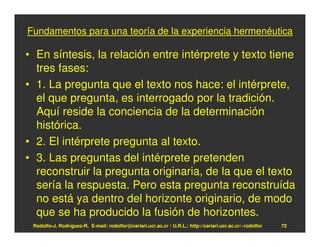 Fundamentos para una teoría de la experiencia hermenéutica

• En síntesis, la relación entre intérprete y texto tiene
  tres fases:
• 1. La pregunta que el texto nos hace: el intérprete,
  el que pregunta, es interrogado por la tradición.
  Aquí reside la conciencia de la determinación
  histórica.
• 2. El intérprete pregunta al texto.
• 3. Las preguntas del intérprete pretenden
  reconstruir la pregunta originaria, de la que el texto
  sería la respuesta. Pero esta pregunta reconstruída
  no está ya dentro del horizonte originario, de modo
  que se ha producido la fusión de horizontes.
 Rodolfo-J. Rodríguez-R. E-mail: rodolfor@cariari.ucr.ac.cr / U.R.L.: http://cariari.ucr.ac.cr/~rodolfor   72
 