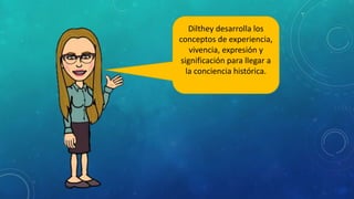 Dilthey desarrolla los
conceptos de experiencia,
vivencia, expresión y
significación para llegar a
la conciencia histórica.
 