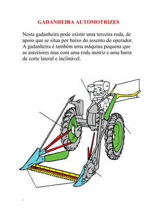 GADANHEIRA AUTOMOTRIZES

Nesta gadanheira pode existir uma terceira roda, de
apoio que se situa por baixo do assento do operador.
A gadanheira é também uma máquina pequena que
as anteriores mas com uma roda motriz e uma barra
de corte lateral e inclinável.




.
 