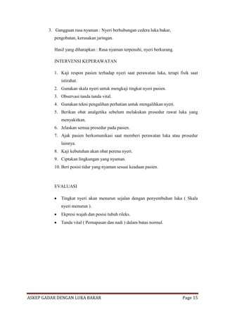 3. Gangguan rasa nyaman : Nyeri berhubungan cedera luka bakar,
pengobatan, kerusakan jaringan.
Hasil yang diharapkan : Rasa nyaman terpenuhi, nyeri berkurang.
INTERVENSI KEPERAWATAN
1. Kaji respon pasien terhadap nyeri saat perawatan luka, terapi fisik saat
istirahat.
2. Gunakan skala nyeri untuk mengkaji tingkat nyeri pasien.
3. Observasi tanda tanda vital.
4. Gunakan tekni pengalihan perhatian untuk mengalihkan nyeri.
5. Berikan obat analgetika sebelum melakukan prosedur rawat luka yang
menyakitkan.
6. Jelaskan semua prosedur pada pasien.
7. Ajak pasien berkomunikasi saat memberi perawatan luka atau prosedur
lainnya.
8. Kaji kebutuhan akan obat perena nyeri.
9. Ciptakan lingkungan yang nyaman.
10. Beri posisi tidur yang nyaman sesuai keadaan pasien.

EVALUASI
Tingkat nyeri akan menurun sejalan dengan penyembuhan luka ( Skala
nyeri menurun ).
Ekpresi wajah dan posisi tubuh rileks.
Tanda vital ( Pernapasan dan nadi ) dalam batas normal.

ASKEP GADAR DENGAN LUKA BAKAR

Page 15

 