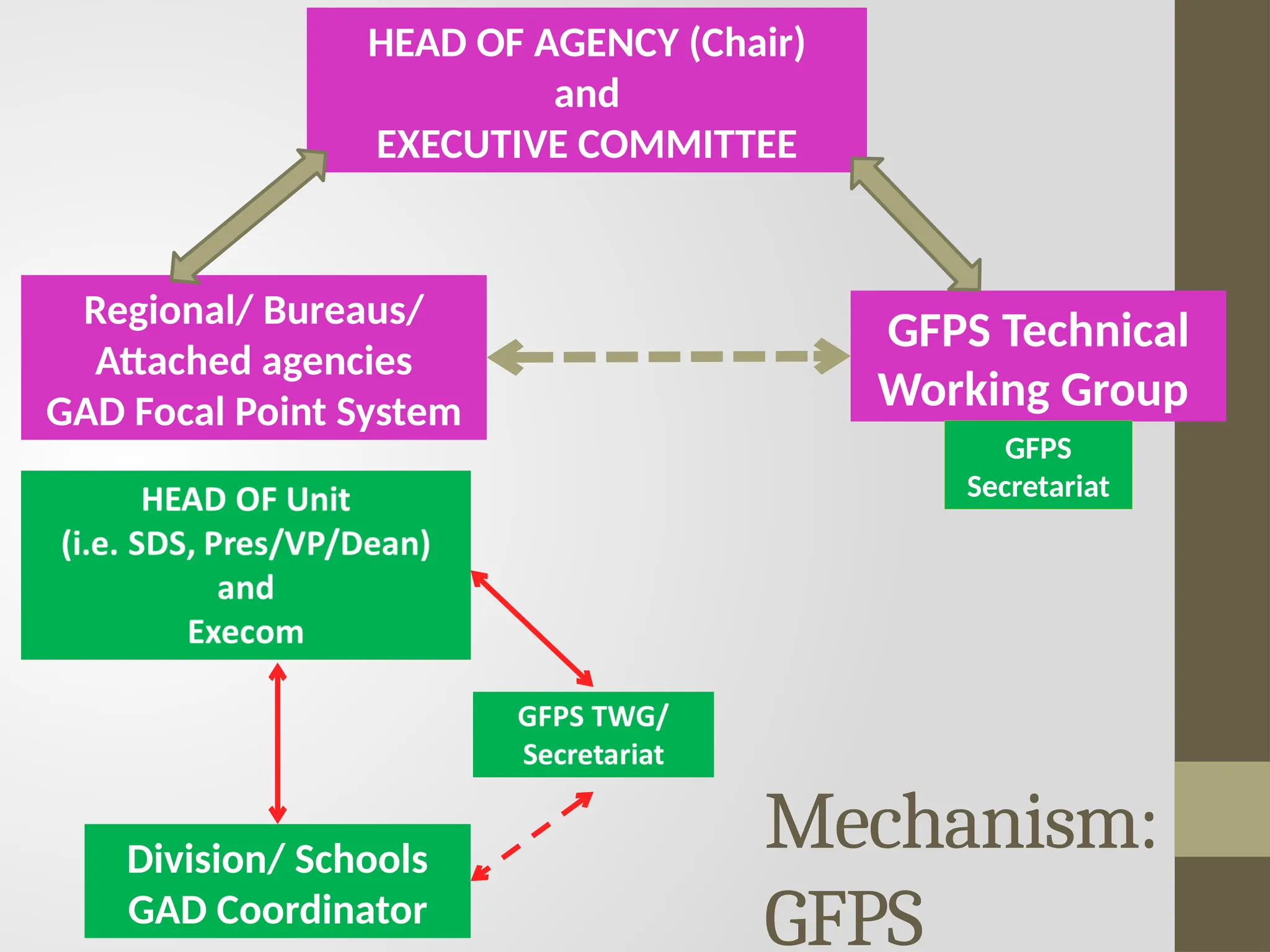 HEAD OF AGENCY (Chair)
and
EXECUTIVE COMMITTEE
GFPS Technical
Working Group
Regional/ Bureaus/
Attached agencies
GAD Focal Point System
GFPS
Secretariat
Division/ Schools
GAD Coordinator
Mechanism:
GFPS
 