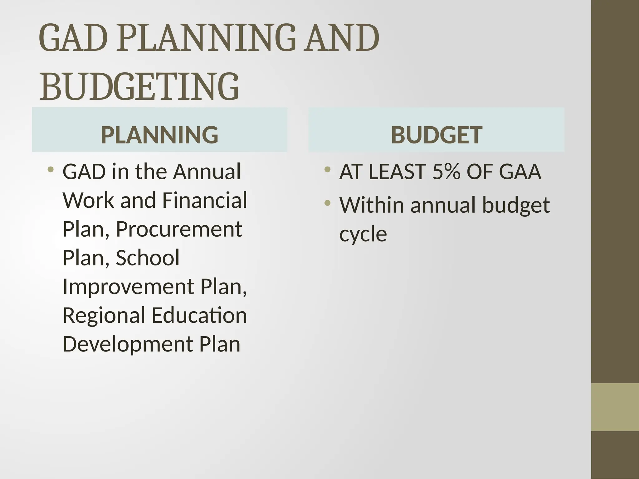 GAD PLANNING AND
BUDGETING
PLANNING
• GAD in the Annual
Work and Financial
Plan, Procurement
Plan, School
Improvement Plan,
Regional Education
Development Plan
BUDGET
• AT LEAST 5% OF GAA
• Within annual budget
cycle
 