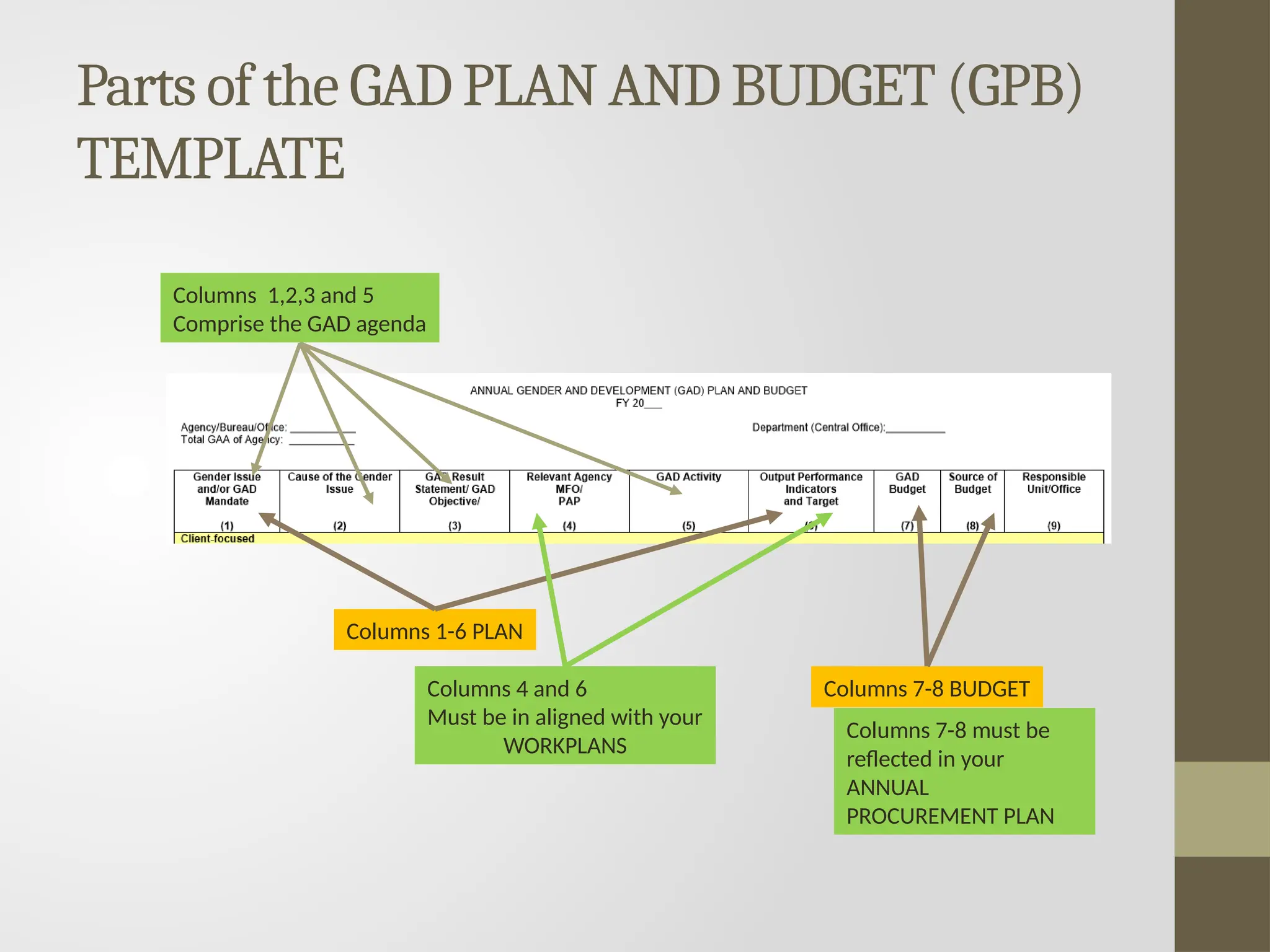 Columns 1-6 PLAN
Columns 7-8 BUDGET
Columns 4 and 6
Must be in aligned with your
WORKPLANS
Columns 7-8 must be
reflected in your
ANNUAL
PROCUREMENT PLAN
Parts of the GAD PLAN AND BUDGET (GPB)
TEMPLATE
Columns 1,2,3 and 5
Comprise the GAD agenda
 