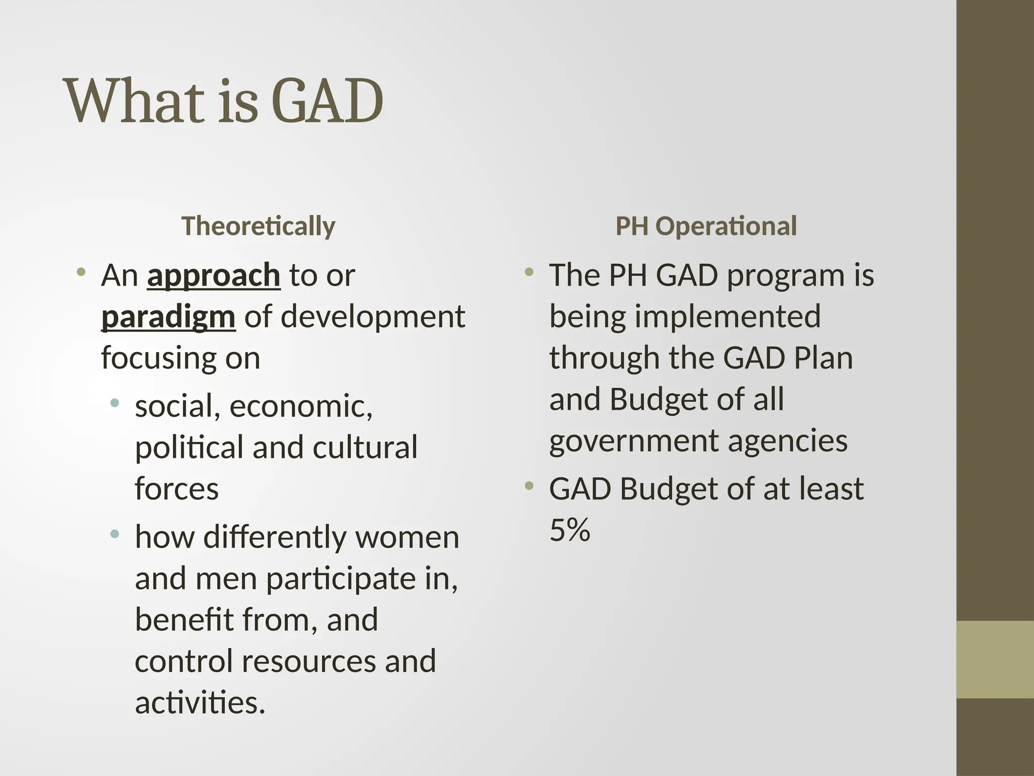What is GAD
Theoretically
• An approach to or
paradigm of development
focusing on
• social, economic,
political and cultural
forces
• how differently women
and men participate in,
benefit from, and
control resources and
activities.
PH Operational
• The PH GAD program is
being implemented
through the GAD Plan
and Budget of all
government agencies
• GAD Budget of at least
5%
 