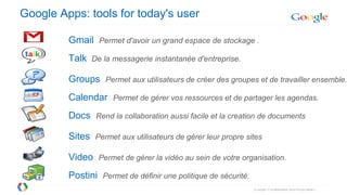 Google Apps: tools for today's user

         Gmail Permet d'avoir un grand espace de stockage .
         Talk De la messagerie instantanée d'entreprise.

         Groups Permet aux utilisateurs de créer des groupes et de travailler ensemble.
         Calendar Permet de gérer vos ressources et de partager les agendas.
         Docs Rend la collaboration aussi facile et la creation de documents

         Sites Permet aux utilisateurs de gérer leur propre sites

         Video Permet de gérer la vidéo au sein de votre organisation.
         Postini Permet de définir une politique de sécurité.
 
