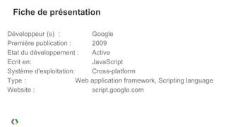 Fiche de présentation

Développeur (s) :           Google
Première publication :      2009
Etat du développement :     Active
Ecrit en:                   JavaScript
Système d'exploitation:     Cross-platform
Type :                  Web application framework, Scripting language
Website :                   script.google.com
 