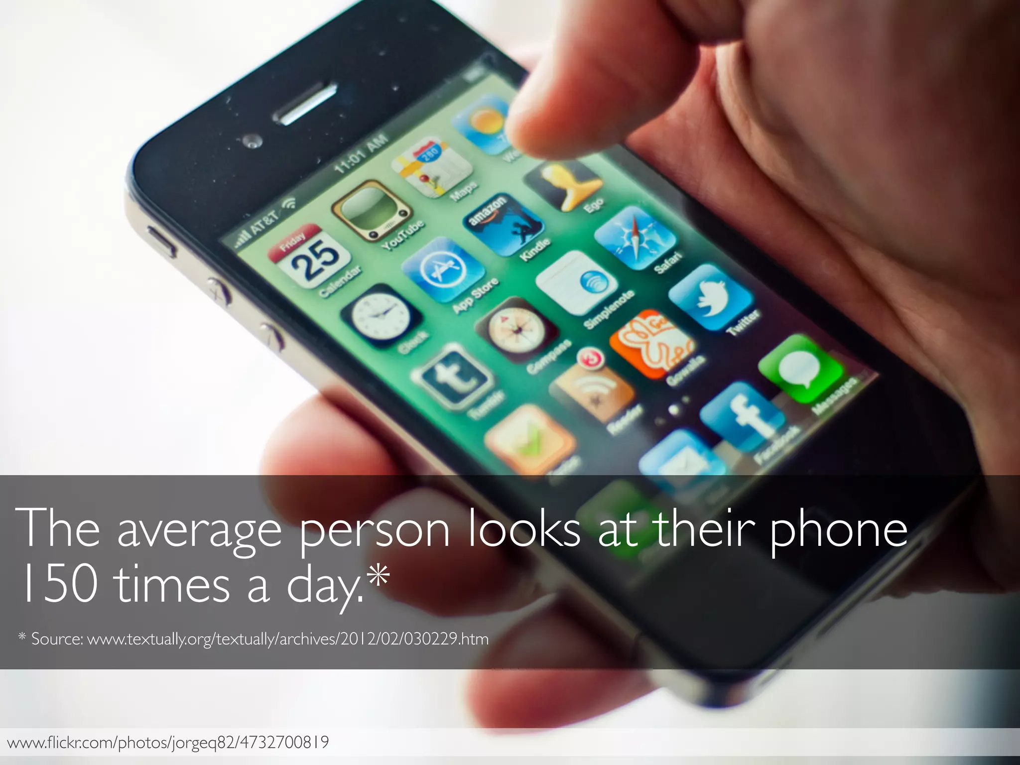 www.ﬂickr.com/photos/jorgeq82/4732700819
The average person looks at their phone
150 times a day.*
* Source: www.textually.org/textually/archives/2012/02/030229.htm
 