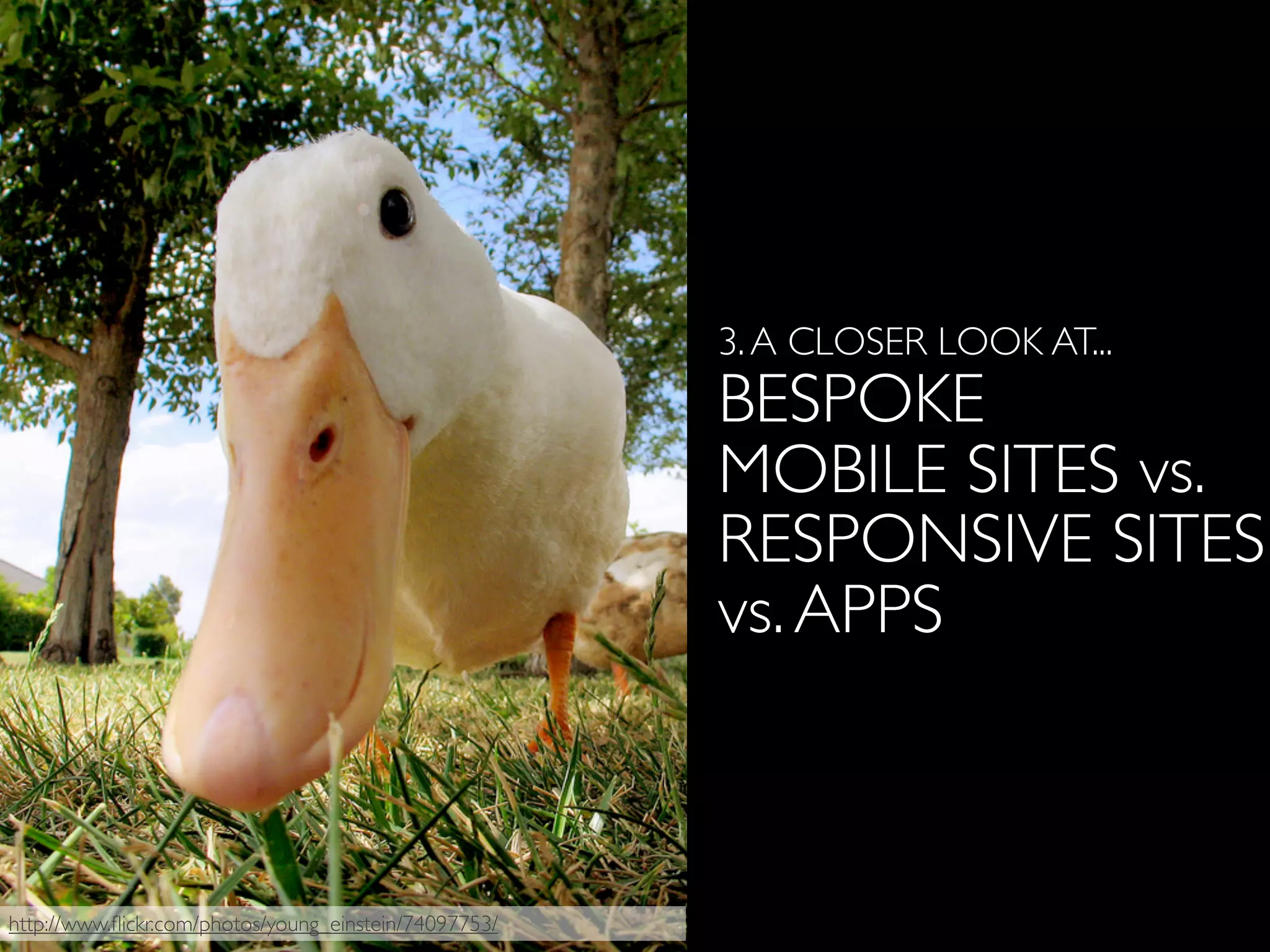 http://www.ﬂickr.com/photos/young_einstein/74097753/
3.A CLOSER LOOK AT...
BESPOKE
MOBILE SITES vs.
RESPONSIVE SITES
vs.APPS
 