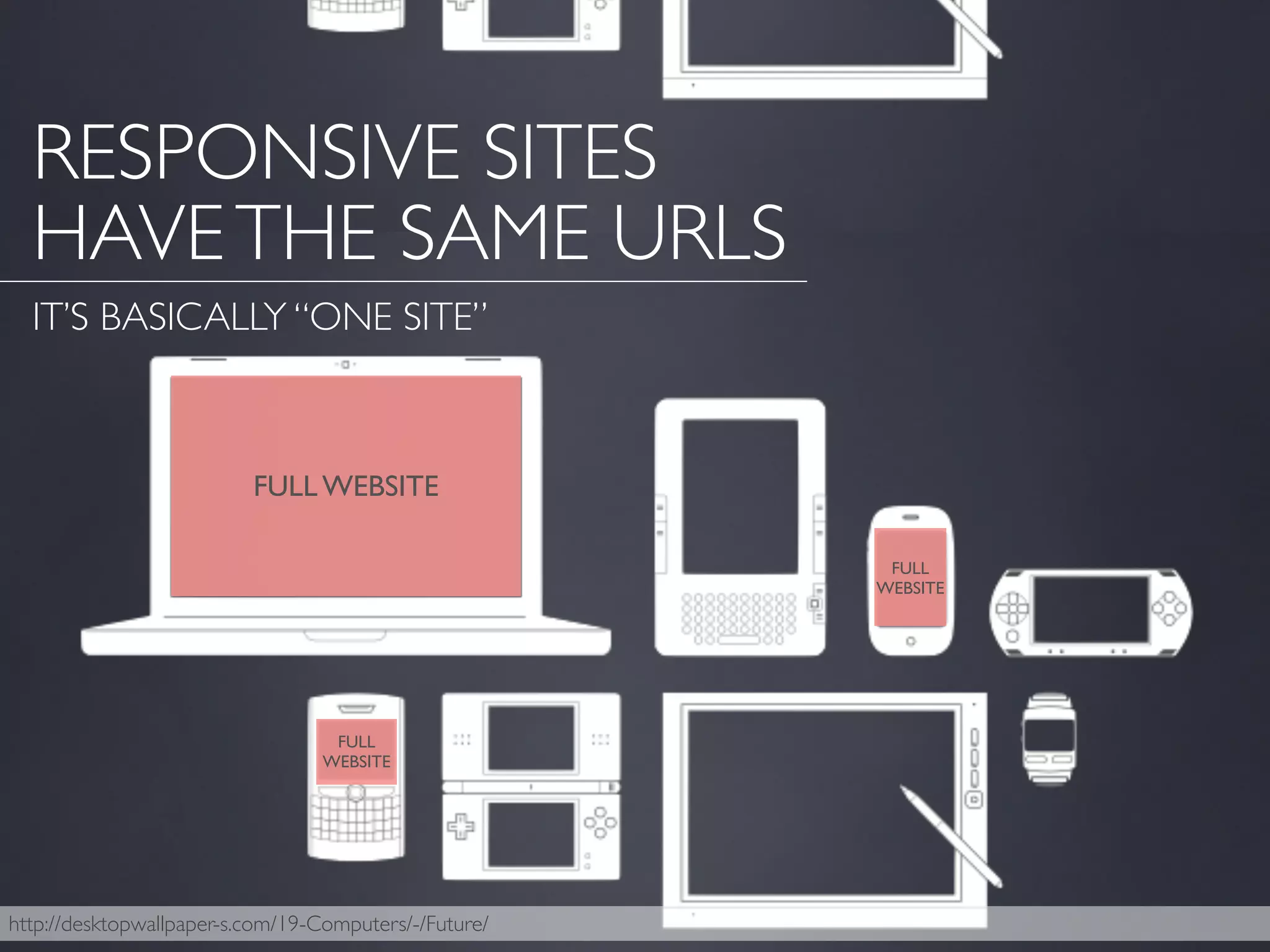 http://desktopwallpaper-s.com/19-Computers/-/Future/
FULL WEBSITE
FULL
WEBSITE
FULL
WEBSITE
RESPONSIVE SITES
HAVETHE SAME URLS
IT’S BASICALLY “ONE SITE”
 