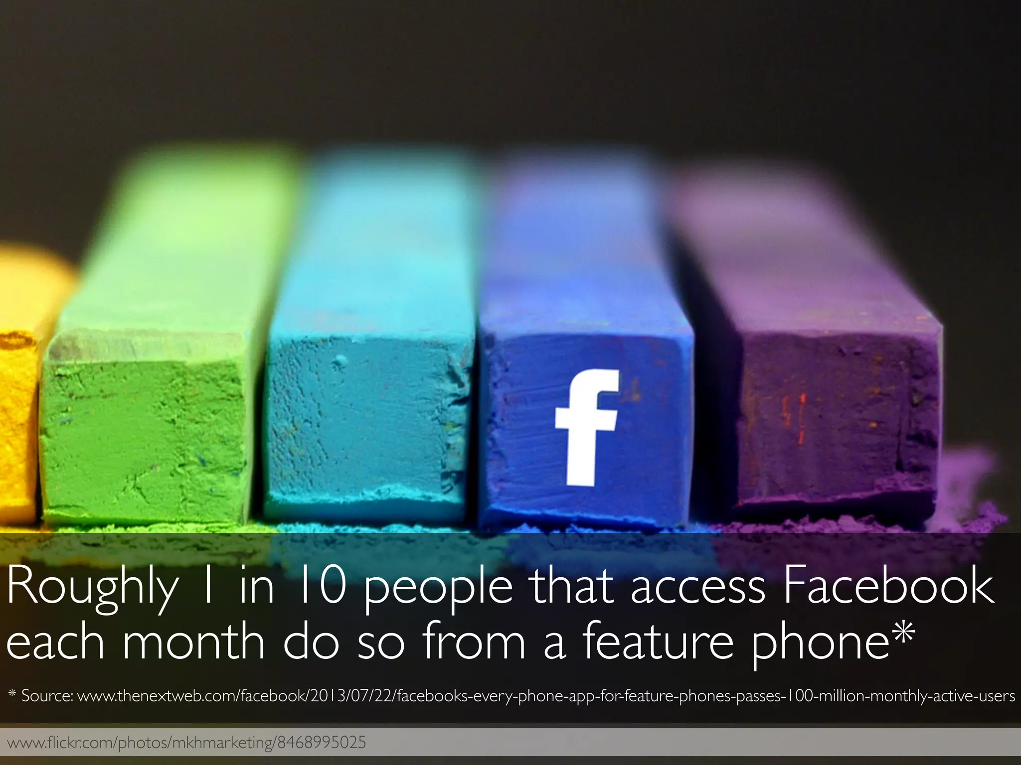 www.ﬂickr.com/photos/mkhmarketing/8468995025
Roughly 1 in 10 people that access Facebook
each month do so from a feature phone*
* Source: www.thenextweb.com/facebook/2013/07/22/facebooks-every-phone-app-for-feature-phones-passes-100-million-monthly-active-users
 