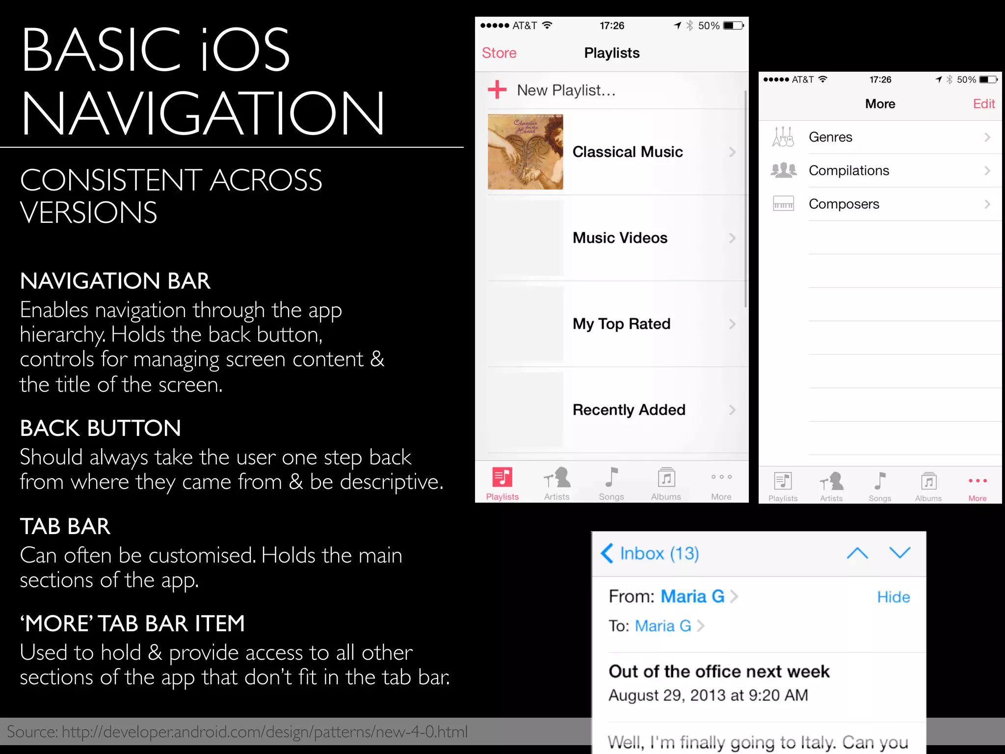 BASIC iOS
NAVIGATION
CONSISTENT ACROSS
VERSIONS
NAVIGATION BAR
Enables navigation through the app
hierarchy. Holds the back button,
controls for managing screen content &
the title of the screen.
BACK BUTTON
Should always take the user one step back
from where they came from & be descriptive.
TAB BAR
Can often be customised. Holds the main
sections of the app.
‘MORE’ TAB BAR ITEM
Used to hold & provide access to all other
sections of the app that don’t ﬁt in the tab bar.
Source: http://developer.android.com/design/patterns/new-4-0.html
 