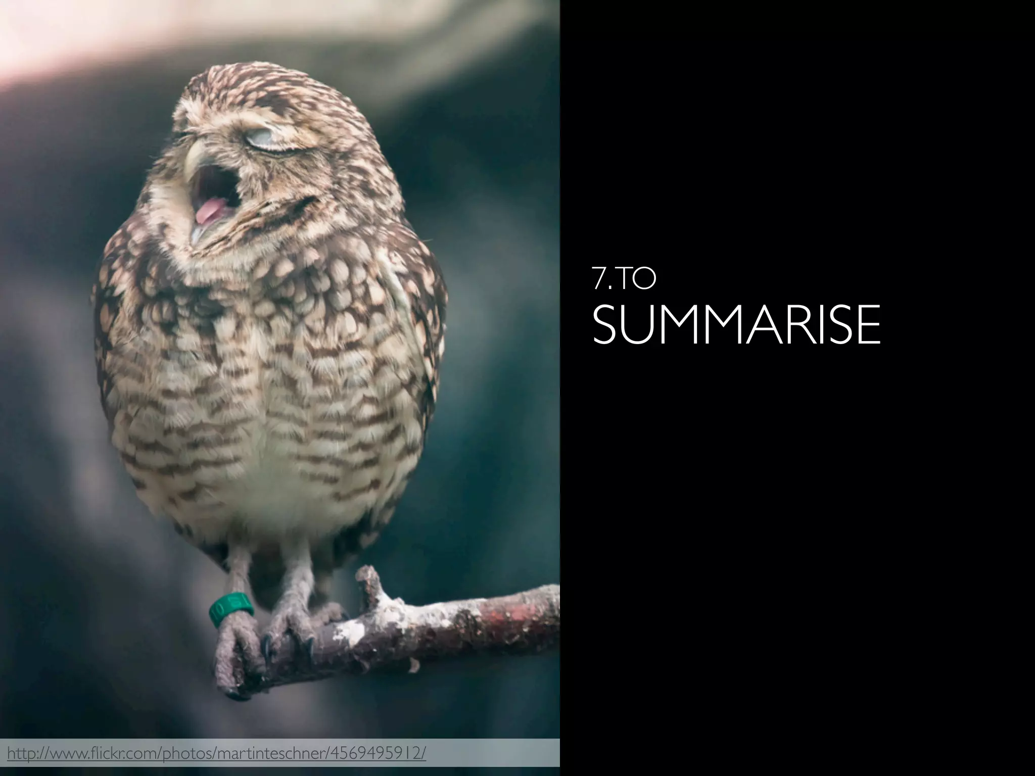 http://www.ﬂickr.com/photos/martinteschner/4569495912/
7.TO
SUMMARISE
 