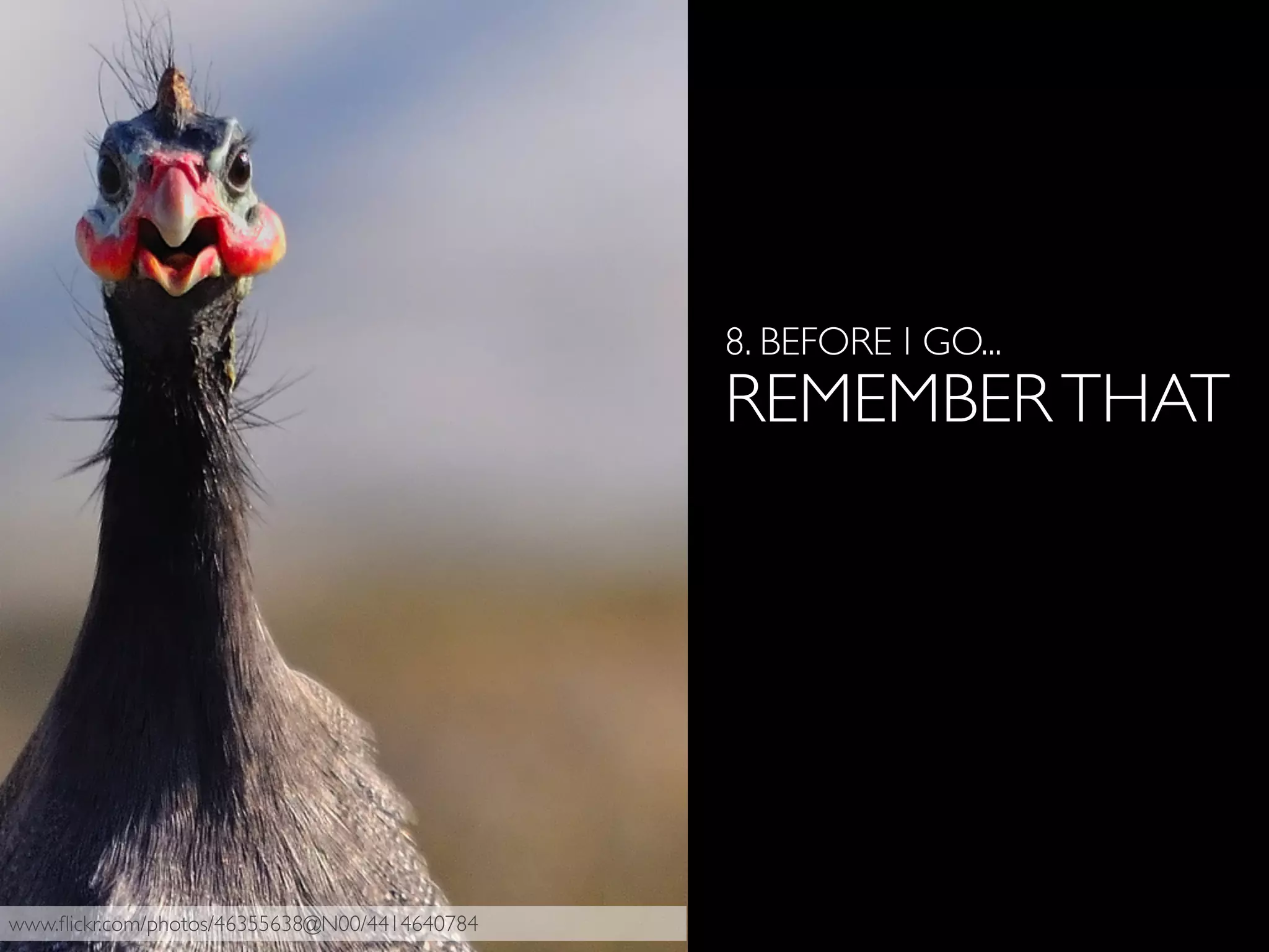 8. BEFORE I GO...
REMEMBERTHAT
www.ﬂickr.com/photos/46355638@N00/4414640784
 