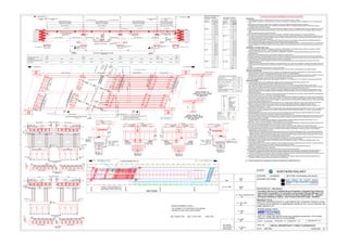 SANCTION OF CRS TO BE OBTAINED PRIOR TO EXECUTION OF THE WORK.
General Notes
1. Unless otherwise specified, all measurements are shown in mm and levels are shown in meters.
2. The foundation levels shown in the drawing are to be verified at site based on confirmatory subsoil investigation prior to commencement of
work.
3. Max pressure on the soil at foundation level is specified in concerned detailed drawings pertaining to foundations.
4. The bridge shall be designed to IRC class 'A' loading or 70R loading or 385T (S.V Loading) whichever gives worst effect for the given
carriageway width as per IRC standards.
5. Stair cases are to be provided on both sides of the ROB outside railway boundary to suit pedestrian traffic (wherever footpaths are provided).
6. 4.00m wide strip with polysulphide paint preferably in black colour shall be provided on the soffit of deck and footpath slabs over running
tracks.
7. Guard rails shall be provided on tracks below ROB.
8. No construction joint shall be allowed in concrete work unless it is specified in detailed drawings as per design considerations.
9. The details, type and dimensions of foundations, & sub-structure and super structure elements shown in the drawing are indicative and may
vary as per actual design and detailed drawings. However obligatory clearances mentioned in the drawings shall not be reduced under any
circumstances without prior approval of CBE.
10.High containment crash barrier of 1.80m height within Railway boundary and 1.50m height in approaches beyond Railway boundary for
minimum length of 90.00m above footpath level shall be provided as per IRC 5&6 guide lines.
11.The land boundaries indicated in the drawing here may not reflect the actual Railway boundary and reckoning actual land. The certified land
plan as available in HQ of divisional offices only is the final authority. The land boundaries shown in this plan cannot be of authority for this
purpose.
Specification and design related notes:
1. The grade of concrete for various RCC/Mass concrete works, & grade of steel for composite structures shall be in accordance with IRS
concrete bridge code 1997 & new I.S.456-2000 and IRC Codes & specifications etc.
2. Expansion joints shall be strip seal joints as per MORTH specifications. Confined POT Bearings shall mandatory be provided for spans
exceeding 30.0m.
3. Elastomeric/Pot-Ptfe Bearings shall be as per MORTH standards and specifications.
4. Protective coatings for reinforcement against corrosion should be provided as per latest correction slip of IRS concrete bridge code edition.
5. Drainage spouts shall be provided 2.00m away from the center line of existing / future track considering the traction / future traction and same
has to be ensured in the detailed drawings and by the Engineer-in-charge at site.
6. During construction a minimum clearance of 2575mm to be maintained between centre line of existing track to the face of Temporary
Arrangements Structure.
7. Variation of transverse slopes shall be maintained in deck/superstructure only. Under any circumstances, wearing coat thickness should not
exceed 80mm thick during execution and maintenance period. This shall be ensuring by Road authority under Railway supervision from time
to time”.
8. Bridge is to be designed assuming exposure condition as moderate.
9. Provision of clamps in the superstructure for supporting the traction wire to be made in communication with concerned authority.
Reference notes/ Drawings:
1. Wearing coat with uniform thickness, and misc. items such as drainage spouts with grating arrangements etc., shall be similar to MORTH
drawing No.SD/205. Location of drainage spouts shall invariably be shown in detailed drawings.
2. Expansion joints, Elastomeric & Confined POT/PTFE bearings shall be procured only from pre-qualified manufacturers of MORTH. Warranty
and maintenance conditions on these items have to be ensured as per MORTH guidelines/circulars issued from time to time.
3. For 36.0m composite super structure refer DRg. Nos: RDSO/B-10775, to 10775/12.
4. for 18.0m composite girder super structure refer drawing no. RDSO/B-11772 to RDSO/B-11772/12, RDSO/B-11776 series and CBS-0044
IMPORTANT NOTES:
1. A common bench mark should be established by Railways and Road Authority Engineers before starting the work.
2. Concerned Road Authority (NHAI) has to enter an MOU with south central Railway.
as per draft MOU vetted by PCE office before commencement of the work. PCE office will coordinate to finalize the draft copy of
MOU. ROB work in Railway portion shall be commenced accordingly as per terms and conditions of MOU. MOU shall be signed in triplicate.
Original shall be retained by PCE office. Duplicate and Triplicate copies shall be retained with NHAI and Devision.
3. Concerned Road Authority has to submit Completion Drawings of Detailed drawings & GAD and final design in original (drawings in cloth
tracing) duly signed by them and Railway Divisional officials after immediate completion of the work in accordance with para 911 of Indian
Railway Works Manual.
4. Load test has to be carried out in presence of NHAI & Railway Authorities immediately after completion of the superstructure considering the
provisions of IRC SP 51-2015 - Guide lines for load testing of Bridges.
5. All the records of Quality Assurance / Quality Control, testing of the materials and satisfactory completion of an activity shall be maintained at
site by the Contractor's Engineer and Supervising Engineers. On the basis of the records, Railways Engineers shall do stage wise clearance.
Without such stage clearance, the work in the next stage of construction shall be not allowed by the Railway Supervisor, unless proper system
of check and exercise is followed at the site.
6. CRS permission shall be obtained prior to commencement of work considering para 1202 {Clause-2(g)} of Indian Railway P.Way Manual.
7. Safety Pre-Cautions and Measures to be observed during execution of ROB shall be finalized by Vijayawada Division with the
concerned road authority before commencement of work as per Railway Board Directives communicated to Divisions vide letter no: W-
71/BR/Safety/General dated: 16.11.2009.
8. Narrow road over bridges having width of deck less than approaches, traffic safety measures on approaches to narrow road over bridges shall
be provided by concerned road authority as per MORTH letter No.RW/NH/33044/23/2007-S&R® Dated: 31-10-2008. Concerned Railway
Division has to ensure it.
9. Procedural guidelines of Annexure-II and Annexure-I etc. issued by Railway Board vide their letter No.2001/CE-I/Misc/NH/4 Pt.III dated:
28.06.2010 shall be ensured during submission of proposal and during execution etc.
10.The scope of Railway supervision is main span of 3x36.0 composite+1x18.0mts composite (RDSO standard span). And the piers over which
the main span is resting. The arrangement of approach spans beyond Railway boundary shall not be changed without prior permission of
Railways as approved in the drawing.
11.The substructure and foundation shall be designed by considering RDSO standard drawings bearing Drg. Nos RDSO/B-11772 to
RDSO/B-11772/12 for 18.0m.and RDSO/B-10775/R to RDSO/B-10775/12 for 36.0m.
12.Para 1851 to 1853, 1033, 1617 & 1618 etc. of Indian Railway Code for Engineering Department mutatis-mutandis will apply for these works
and Concerned Road Authority/Railway Division has to ensure it from time to time.
13.This approval is subjected deposition of way leave charges, land leave charges and other charges as per extant Railway norms.
14.(a) As per clause A-3 of Memorandum dt.10/11/14 entered between ministry of Railways and ministry of Transport and Highways. NHAI has
to develop instrumentation scheme. Accordingly, NHAI has to submit detailed instrumentation in monitoring system as part of design &
drawings before commencement of the work.
(b)NHAI shall do the instrumentation in the Railway super structure across the Railway bridge portion NHAI has to develop maintenance &
inspection manual to maintain the ROB from time to time. NHAI also has to develop instrumentation system of ROB. The same have to be
ratified by Railways. NHAI has to submit periodical reports of the instrumentation system of super structure and bearings from time to time
Annual basis or the period specified by the railway division whichever less is.
15.Design of bearing is dependent on time period and flexibility of substructure. Therefore, the design of bearing shall be considered as part of
substructure for which the seismic forces are computed by considering time period of whole structure.
16.The inspection of steel composite girders of ROB shall be done as per railway board letter no: 2016/54/CE-III/BR/RDSO/MISC. Date:
15/07/2019 (Composite girder)
17.As per Railway board Lr. No: 2015/CE-IV/ROB/78 Pt. Date:07/12/2020 if work was not started after approval of GAD, The GAD needs to be
revalidate after a reasonable period of 2 years to match the prevailing ground situation.
18.Inspection of steel girder for ROB'S shall be done by RDSO (both at workshop & site) as per railway board letter no.
2016/54/CE-III/BR/RDSO/MISE Date: 15/07/2019
19.Height gueges need to be provided at starting of approaches in case of bowstring arrangement.
20.Proposed RCL indicated will be tentative approaches including approach span shall not be taken until finalization of detailed design and
drawings including launching scheme of main span crossing over railway track with bowstring type superstructure (bowstring girder).
21. Fixing of any electrical or communications cable, ducts, lighting mast/polls, boards etc.,over the crash barrier/parapet in the railway portion of
the viaduct is not permitted without prior approval of railway division officials.
22.Necessary reposition has to be made by road authorities (NHAI/MORTH) for shifting of railway assets temporaing/permanenthy due to
construction of ROB to railways before and during execution of ROB work.
DESCRIPTION
0.065
RAIL TOP LVL. (EXIST. TRACK)
LEVELS
MIN. VERTICAL CLEARANCE 6.55M
WEARING COAT THK.
M
M
M
UNITS
PROPOSED FRL CALCULATIONS
CROSS FALL OR
CAMBER M 0.3825
97.220
DEPTH OF GIRDER INCLUDING
SLAB (18.0M / 36.0M) M 1.165/1.881
℄OF EXPANSION JOINT
℄OF EXPANSION JOINT
(80MM)
P3
P2
FINISHED ROAD LEVEL
A2
93.014
FOUNDATION BOTTOM LEVEL
P2
P1
TO CHITRAKOOT
HALF PLAN AT TOP
HALF PLAN AT BOTTOM
RE WALL
RE WALL
APPROACH
TO MOHANGANJ
SLAB
(SCALE 1:150)
TO CHITRAKOOT
SECTION ELEVATION (RAILWAY PORTION)
( SCALE 1:150)
36 M STANDARD GIRDER
AS PER RDSO SPAN
(RDSO/B-11775)
A1
106.100
94.068
RE WALL
RAILWAY
BOUNDARY
℄OF PIER
CHAINAGE 43+578.7
43+541.7
43+504.7 43+633.7
106.100 106.100 106.100
94.750 95.414
26.973
GROUND LVL.
1.
2.
3.
4.
G.L
G.L
RAILWAY
BOUNDARY
43+560
95.711
BORE
HOLE-1
BORE
HOLE-1
32000 53000
PILE CAP
TOP LVL.
PILE CAP CUT LVL.
5100
3600
750 750
DIVERTED
CANAL /DRAIN
G.L
FRL.103.328
℄OF BEARING
2.50 % SLOPE
PILE
Ø1200(TYP.)
RE WALL
℄OF EXPANSION JOINT
(80MM)
5100
3600 750
750
1500
2000
330
℄
O
F
E
X
IS
T
IN
G
T
R
A
C
K
53000 SQ 56771 SK
32000 SQ 3428 SK RAILWAY BOUNDARY
℄
F
U
T
U
R
E
T
R
A
C
K
PILE CAP
TOP LVL.
PILE CAP CUT LVL.
5100
3600 750
750
℄OF BEARING
℄OF BEARING
36700 SQ 39311 SK (OVERALL
LENGTH OF STEEL GIRDER)
37000 SQ 39632SK(C/C OF EJ.)
36000 SQ 38560 SK
2.50 % SLOPE
PILE Ø1200(TYP.)
RE WALL
5100
3600
750 750
36 M STANDARD GIRDER
AS PER RDSO SPAN
(RDSO/B-11775)
℄OF TRACK ℄FUTURE TRACK
℄FUTURE TRACK
7800 SQ 8355 SK
℄OF EXPANSION JOINT
℄OF EXPANSION JOINT
(80MM)
A1 P1
℄OF EXPANSION JOINT
(80MM)
9695 SQ 10385 SK
TO MOHANGANJ
5100
'1'
'2'
7
5
0
3
6
0
0
3
6
0
0
7
5
0
3
6
0
0
1
2
3
0
0
5100
5100 SQ
5463 SK
G.L
PILE CAP
TOP LVL.
PILE CAP CUT LVL.
5100
3600
750 750
℄OF BEARING
18700 SQ 20030 SK (OVERALL
LENGTH OF STEEL GIRDER)
19080 SQ 20437 SK(C/C OF EJ.)
18000 SQ 19281 SK C/C OF BRG.
EXISTING CANAL / DRAIN
RAILWAY BOUNDARY
EXISTING CANAL / DRAIN DIVERTED
22262 SQ 23846 SK 12540 SQ 13454 SK 33540 SQ 35926 SK 1460 SQ 1564 SK 16869
6550
(MIN.
VERTICAL
CLEARANCE)
20°
21°
'3'
RE WALL
BORE
HOLE-2
5100
5100
7
5
0
3
6
0
0
3
6
0
0
7
5
0
3
6
0
0
1
2
3
0
0
7
5
0
S
Q
8
0
3
S
K
3
6
0
0
S
Q
3
8
5
6
S
K
1
2
3
0
0
S
Q
1
3
1
7
5
S
K
BORE
HOLE-2
A2
2000
9695 SQ
10385 SK
7800 SQ
8355 SK
36700 SQ 39311 SK (OVERALL
LENGTH OF STEEL GIRDER)
37000 SQ 39632SK(C/C OF EJ.)
36000 SQ 38560 SK
36700 SQ 39311 SK (OVERALL
LENGTH OF STEEL GIRDER)
37000 SQ 39632SK(C/C OF EJ.)
36000 SQ 38560 SK
7800 SQ 8355 SK
36000 SQ 38560 SK 36000 SQ 38560 SK 36000 SQ 38560 SK 18000 SQ 19281 SK
3
6
0
0
S
Q
3
8
5
6
S
K
3
6
0
0
S
Q
3
8
5
6
S
K
7
5
0
S
Q
8
0
3
S
K
7
5
0
S
Q
8
0
3
S
K
3
6
0
0
S
Q
3
8
5
6
S
K
1
2
3
0
0
S
Q
1
3
1
7
5
S
K
3
6
0
0
S
Q
3
8
5
6
S
K
3
6
0
0
S
Q
3
8
5
6
S
K
7
5
0
S
Q
8
0
3
S
K
7
5
0
S
Q
8
0
3
S
K
3
6
0
0
S
Q
3
8
5
6
S
K
1
2
3
0
0
S
Q
1
3
1
7
5
S
K
3
6
0
0
S
Q
3
8
5
6
S
K
3
6
0
0
S
Q
3
8
5
6
S
K
7
5
0
S
Q
8
0
3
S
K
7
5
0
S
Q
8
0
3
S
K
3
6
0
0
S
Q
3
8
5
6
S
K
1
2
3
0
0
S
Q
1
3
1
7
5
S
K
3
6
0
0
S
Q
3
8
5
6
S
K
3
6
0
0
S
Q
3
8
5
6
S
K
7
5
0
S
Q
8
0
3
S
K
7800 SQ
8355 SK
9695 SQ
10385 SK
95.200
43+615.7
106.100
P3
94.137 94.188 95.180 94.068 95.501 96.052 96.440 93.121 93.003
RAILWAY BRIDGE 49
'3'
T
O
U
N
C
H
A
H
A
R
T
O
P
H
A
P
H
A
M
A
U
/
P
R
A
Y
A
G
R
A
J
℄
F
U
T
U
R
E
T
R
A
C
K
℄
F
U
T
U
R
E
T
R
A
C
K
℄
F
U
T
U
R
E
T
R
A
C
K
℄
E
X
IS
T
IN
G
T
R
A
C
K
9695 SQ 10385 SK
9695 SQ
10385 SK
7800 SQ
8355 SK
7800 SQ
8355 SK
9695 SQ
10385 SK
18 M STANDARD GIRDER
AS PER RDSO SPAN
(RDSO/B-11772)
RTL
43+515 43+525 43+550 43+570 43+590 43+600 43+610 43+525
43+620
97.220
(RECHANNELISED )
RE 26/13
RE
26/11
3
6
5
0
0
*^
5
8
7
0
0
^^
21
90
0
*^
*^ = DISTANCE OF OHE MAST FROM ROB EDGE ABOVE
^^ = DISTANCE OF OHE MAST TO OHE MAST
6
2
9
0
0
^^
54801.2
^^
48247.7
*^
6553.5
*^
7546.5
*^
5872.22
^^
24646.5*^
34075.7*^
CENTER LINE OF EXISTING TRACK
RE 26/12
ABRIVATION:-
F.R.L FINISHED ROAD LEVEL
LVL.
TYP.
CENTER LINE
LEVEL
TYPICAL
C
L
THK. THICK
C/C
G.L
CENTER TO CENTER
GROUND LEVEL
FDN. FOUNDING LEVEL
EXP. EXPANSION
BRG. BEARING
SYMM. SYMMETRICAL
SQ SQUARE DIMENSION
SK. SKEW DIMENSION
BH BORE HOLE
FEATURES
PROPOSED WORK RED
COLOUR
TO BE DISMANTLE
GREEN
BLUE
FUTURE
EXIST. RAILWAY TRACK BLACK
PROP. RAILWAY TRACK GREEN
300
1500
500 250 1500 10500
CARRIAGE WAY
500
250
2500 2500 2500 2500 2500
SHY DISTANCE
CRASH BARRIER
RAILING FOOT
PATH
15300 SQ 16389 SK
300
1500
500
250
1500
10500
CARRIAGE WAY
500 250
SHY DISTANCE
CRASH BARRIER RAILING
FOOT
PATH
15300 SQ 16389 SK
2500
2500
2500
2500
2500
750
3600
750
12300
FOUNDATION AS PER DESIGN
FND. LVL. FND. LVL.
(SCALE 1:120)
SECTION AT A-A (ABUTMENT)
15300
(SCALE 1:150)
750
750
1500
2500 1650 7000 2500
3600 3600
PILE TOP LVL.
PILE TOP LVL.
GROUND LVL.
AS PER HIGHWAY PROFILE
2500
1650
7000
1650
2500
REWALL
2.5% SLOPE 2.5% SLOPE
750
12300
FOUNDATION AS PER DESIGN
3600 3600 3600
1825 1825 1825 1825
ABUTMENT CAP PLAN
1650
1600SQ
1714SK 2500SQ
2678SK
1200SQ
1285SK
15300 SQ/16389 SK
℄
OF
BRG.
JACKING
LOCATION (TYP.)
℄
OF
EXP.JOINT
1800SQ
1928SK
2500SQ
2678SK
2500SQ
2678SK
2500SQ
2678SK
2500SQ
2678SK
1600SQ
1714SK
2500SQ
2678SK
1200SQ
1285SK
15300 SQ/16389 SK
2500SQ
2678SK
2500SQ
2678SK
2500SQ
2678SK
2500SQ
2678SK
GAD NEED TO BE REVALIDATED AFTER A REASONABLE PERIOD OF 2 YEARS TO MATCH THE PREVAILING GROUND SITUATION.
GAD NEED TO BE REVALIDATED AFTER A REASONABLE PERIOD OF 2 YEARS TO MATCH THE PREVAILING GROUND SITUATION.
# FRL SHALL BE DECIDED AS PER RTL MAINTAINING MIN. CLEARANCE OF 6.50M BETWEEN RTL & GIRDER BOTTOM LEVEL.
DEPTH
(M) STRATA
BH A1(R.L.97.100m)
DESCRIPTION
SILTY WITH
GRAVEL
SAND AND
GRAVELLY
CLAY WITH SAND
SILT WITH
GRAVEL
FINE SAND
AND SILT
DETAILS OF BORE HOLE
43+500
43+600
43+700
43+800
EXISTING BRIDGE NO. 49
CANAL TO BE RETAINED AT
ABUTMENT PIER LOCATION
PROPOSED ROB DRAIN
26.973
510
0
10951
510
0
123
00
(SCALE 1:50)
DETAIL-'2' 1631
250
1881
DEPTH
(M) STRATA
DESCRIPTION
SILTY WITH
GRAVEL
SILTY CLAY
SILTY CLAY WITH
GRAVEL
SILT SAND WITH
GRAVEL
SILTY CLAY
WITH GRAVEL
GRAVEL WITH
SILT
BH P3(R.L.97.100m)
300
1500500 250 1500 10500
CARRIAGE WAY
500
250
2500 2500 2500 2500 2500
SHY DISTANCE
CRASH BARRIER
RAILING FOOT
PATH
15300
300
1500
500
250
1500
10500
CARRIAGE WAY
500 250
SHY DISTANCE
CRASH BARRIER RAILING
FOOT
PATH
15300
2500
2500
2500
2500
2500
(SCALE 1:120)
15300
750
750
1500
2500 2150 2150 2500
GROUND LVL. GROUND LVL.
AS PER HIGHWAY PROFILE
2500
2150
2150
2500
2.5% SLOPE 2.5% SLOPE
6000 6000
(SCALE 1:150)
PIER CAP PLAN
℄
OF
BRG.
℄
OF
EXP.JOINT
2330SQ
2496SK
1600SQ
1714SK 2500SQ
2678SK
1200SQ
1285SK
2500SQ
2678SK
2500SQ
2678SK
2500SQ
2678SK
2500SQ
2678SK
750
3600
750 3600 3600 750
3600 3600 3600
SECTION AT B-B (PIER)
15300 SQ/16389 SK
1600SQ
1714SK
2500SQ
2678SK
1200SQ
1285SK
2500SQ
2678SK
2500SQ
2678SK
2500SQ
2678SK
2500SQ
2678SK
15300 SQ/16389 SK
PILE TOP LVL.
PILE TOP LVL.
330
1631
250
1881
2000
1650
(SCALE 1:50)
DETAIL-'1'
750
750
330
915
250
1165
2000
1650
(SCALE 1:50)
DETAIL-'4'
750
750
(SCALE 1:50)
DETAIL-'3'
915
250
1165
1631
250
1881
KEY PLAN
GAD FOR CONSTRUCTION OF 4-LANE GREEN FIELD HIGHWAY FROM Km 35.000
TO KM 49.155 (AUTARPUR TO SINGARAUR UPHAR) OF NH -731A AT RAILWAY KM
26KM 750M 26/12 TP.
Consultancy Services for Feasibility Study & Preparation of Detailed Project Report for
improvement & up-gradation of in principle & newly declared National Highways in the
state of Uttar pradesh. Package-II (i) Stretch from Near Pratapgarh(NH-31) - Jethwada -
Shrangvepur-Manjhanpur-Rajapur - Near Chitrakoot (NH-35) & Length -160.000Km
DWG NO: ARKI/MORT&H/UP-17358/NH-731A/ROB/GAD/101
NORTHERN RAILWAY
CLIENT:
AUTHORITY OF WORK
DATE: JUNE 2022 PAPER SIZE: A0
SCALE : AS SHOWN REVISION : R2
DIVISION: SECTION: PHAPHAMAU-UNCHAHAR
PROPOSED ID : NRLK00040
LUCKNOW
Arkitechno Consultants(I) Pvt.Ltd.
N3/91, I.R.C Village, Near Maharishi Public School,Nayapalli, Bhubaneswar- 751015.Odisha
Telephone :+91 674 2554 205; Fax:+91 674 2553689
DESIGN CONSULTANTS
DRG. NO.
DRAWING TITLE:
CHECKED BY: A.A
DRAWN BY : D.R
EE,UPPWD
NH-DIVISION-1
DRM
Sr. DEN / COORDINATION
Sr. DEE (TRD)
Sr. DSTE
Sr. DOM
Sr. DEN / 6
PRAYAGRAJ
NR
NR
NR
NR
NR
NR
ADRM
NR
THE FEASIBILITY OF PROPOSED PLAN IS BEING
CHECKED AT SITE AND FOUND CORRECT
SSE / WORKS / PRG SSE / P. WAY / PRG ADEN / PRG
FOR SITE FEASIBILITY STUDY :-
CBE
DY. CE / ROB
 